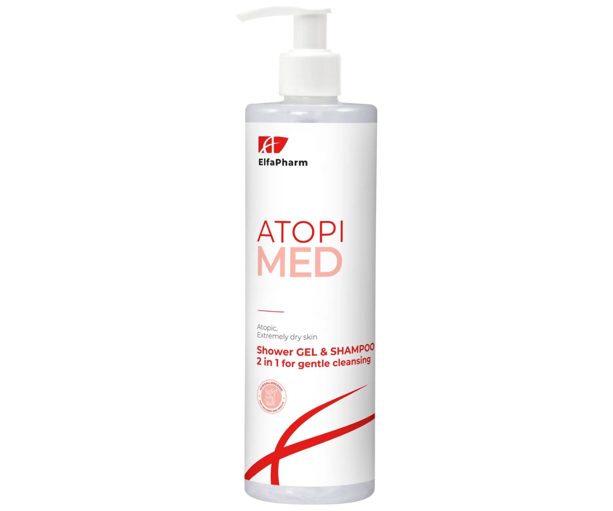 E-shop Sprchový gél a šampón na jemné čistenie atopickej a suchej pokožky Elfa Pharm Atopi Med Shower Gel a Shampoo 2 in 1 - 400 ml + darček zadarmo