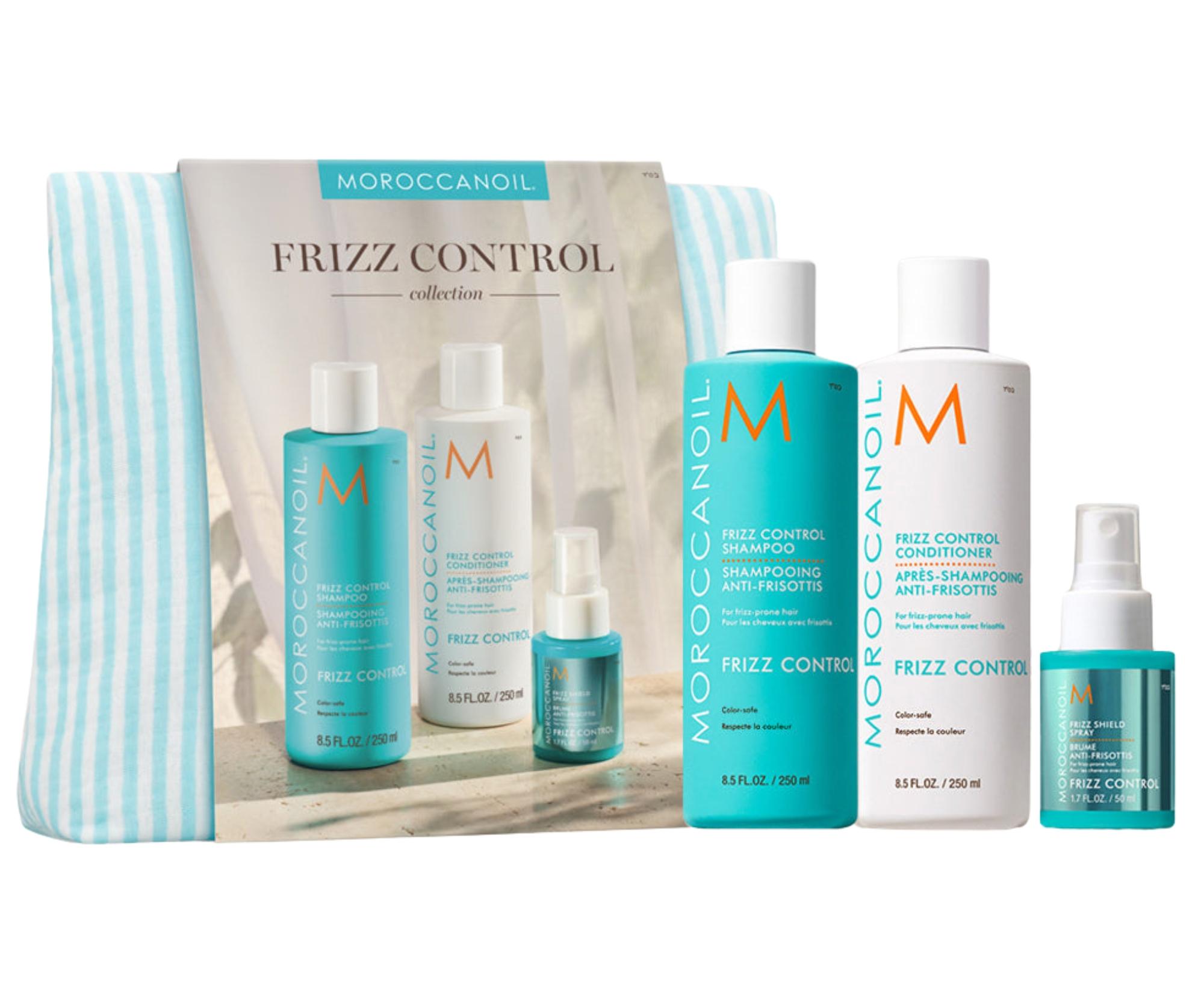 E-shop Darčeková sada na uhladenie krepatých vlasov Moroccanoil Frizz Control Collection + sprej na uhladenie a taštička zadarmo + darček zadarmo