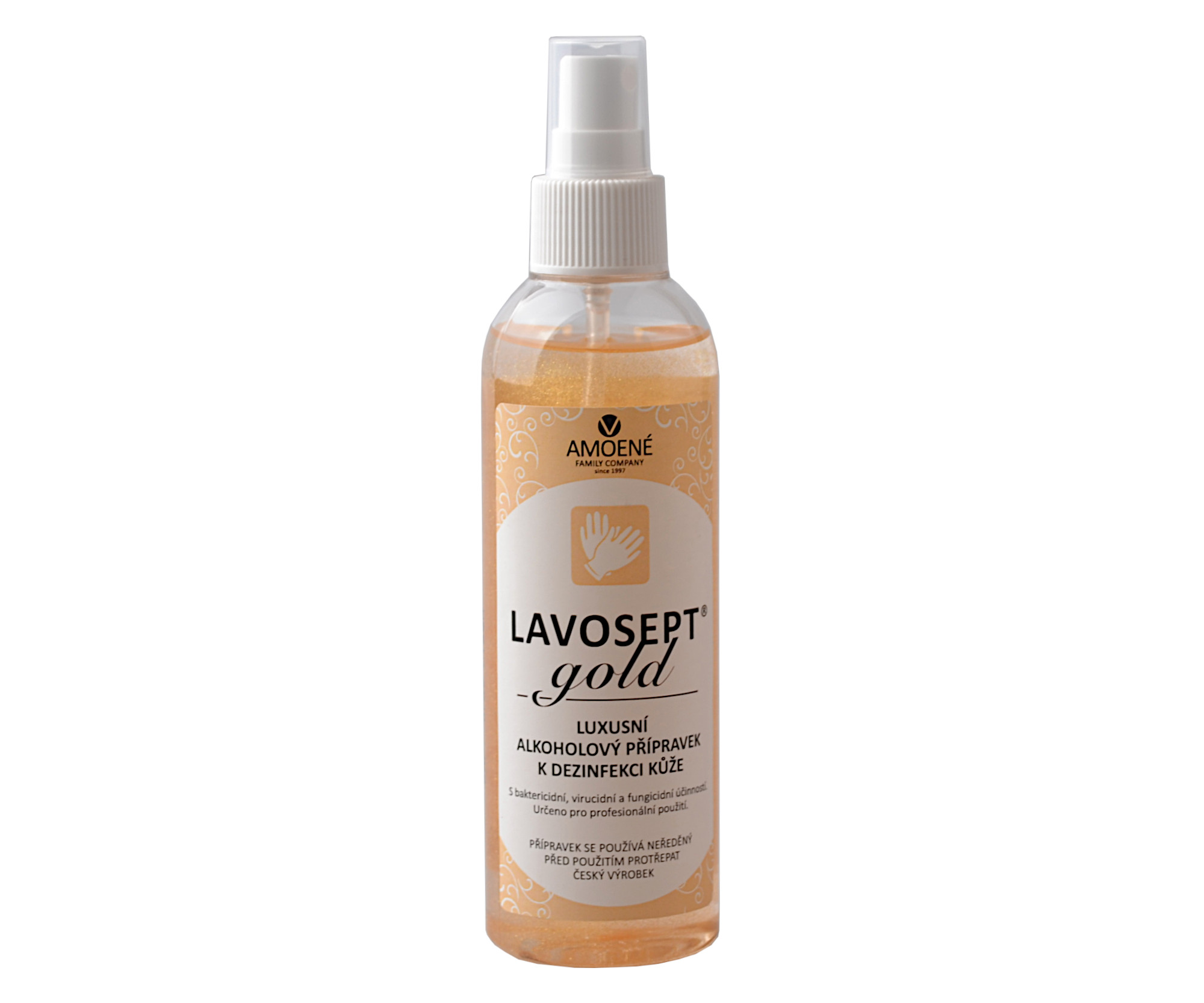 E-shop Univerzálna dezinfekcia v spreji Amoena Lavosept Gold sa trblietkami - 200 ml (0134N2M200) - Amoené + darček zadarmo