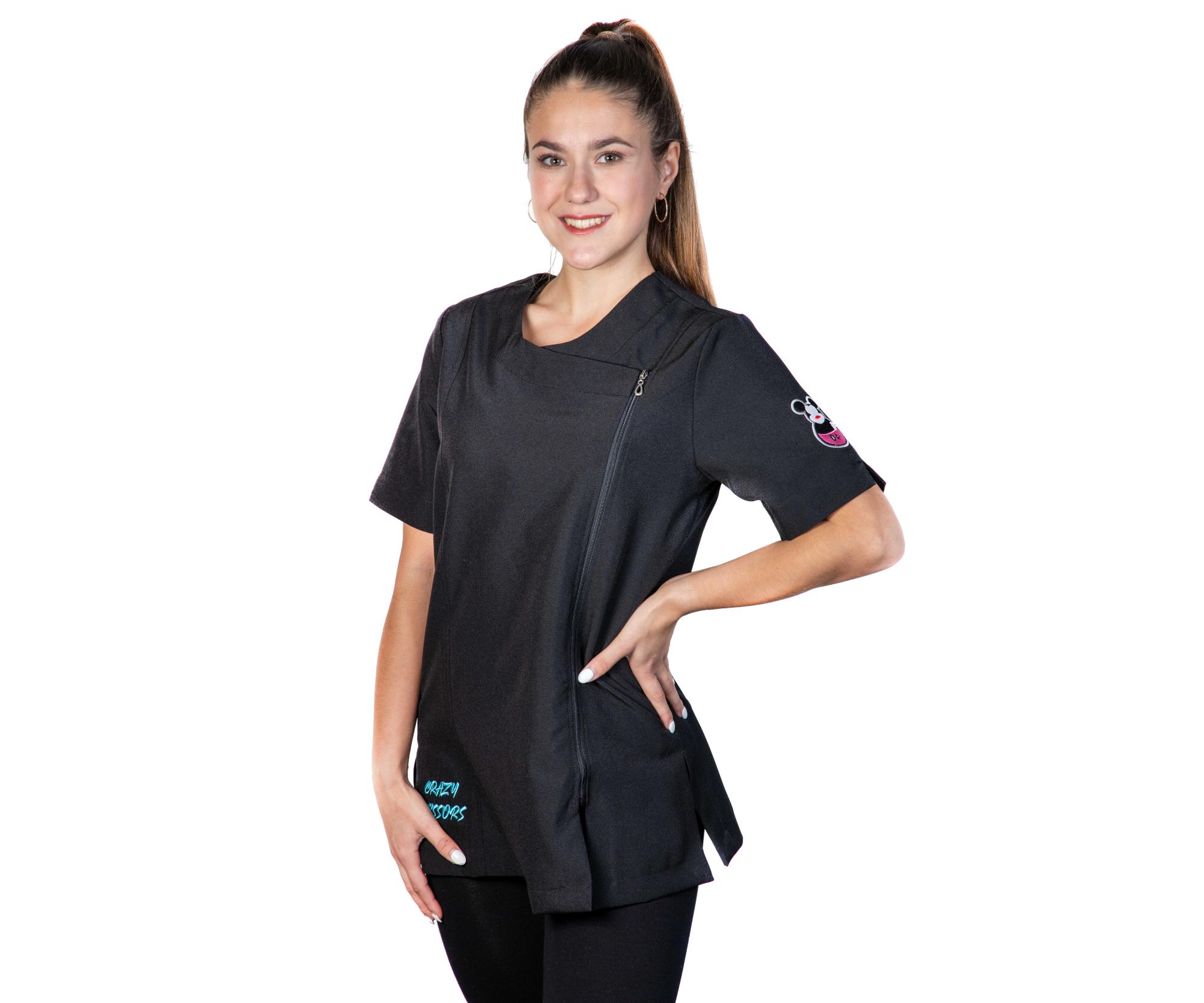 E-shop Kadernícka tunika na zips Crazy Scissors - čierna, XS + darček zadarmo