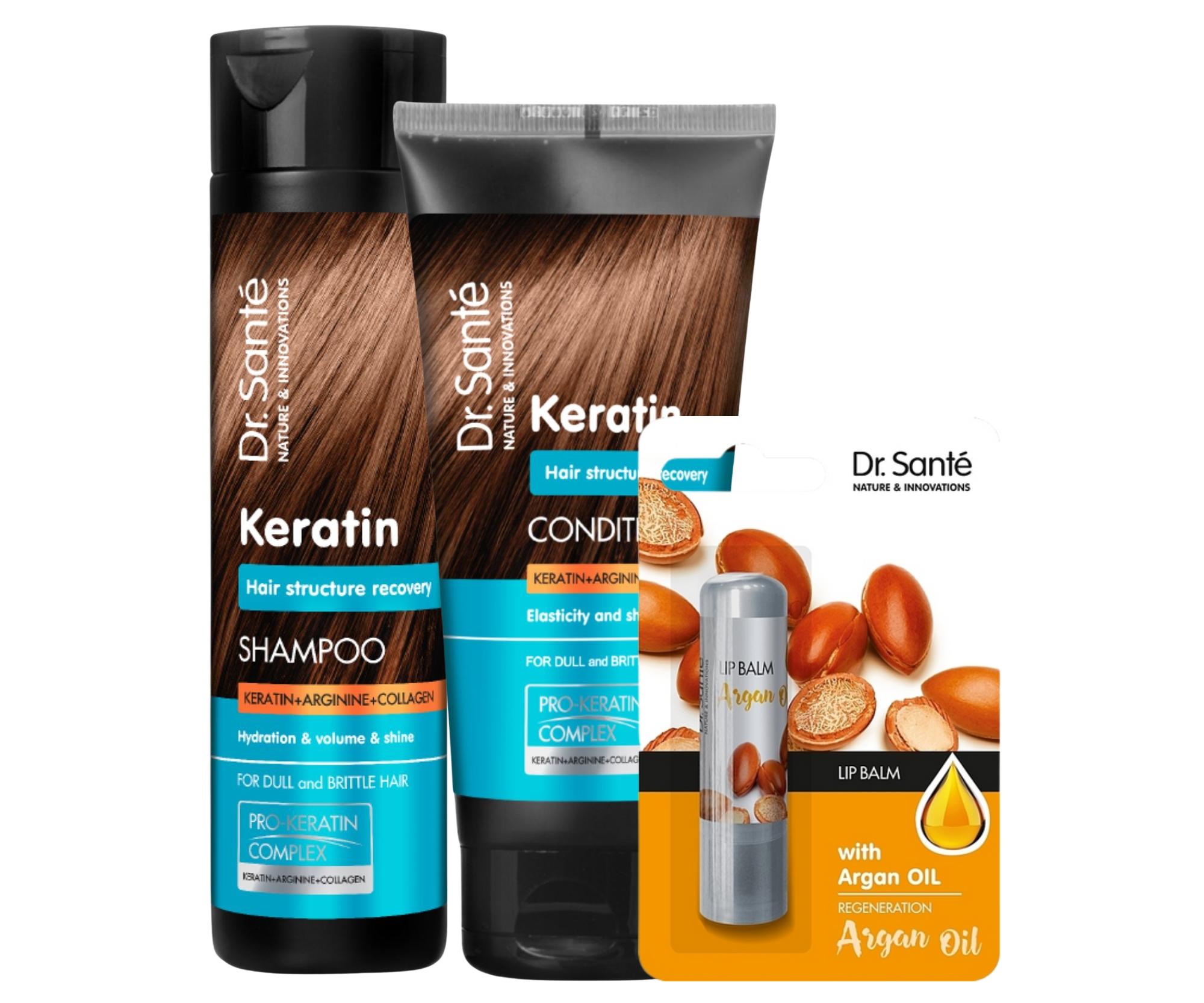 E-shop Sada pre obnovu matných a krehkých vlasov Dr. Santé Keratin - šampón 250 ml + starostlivosť 200 ml + balzam na pery zadarmo + darček zadarmo