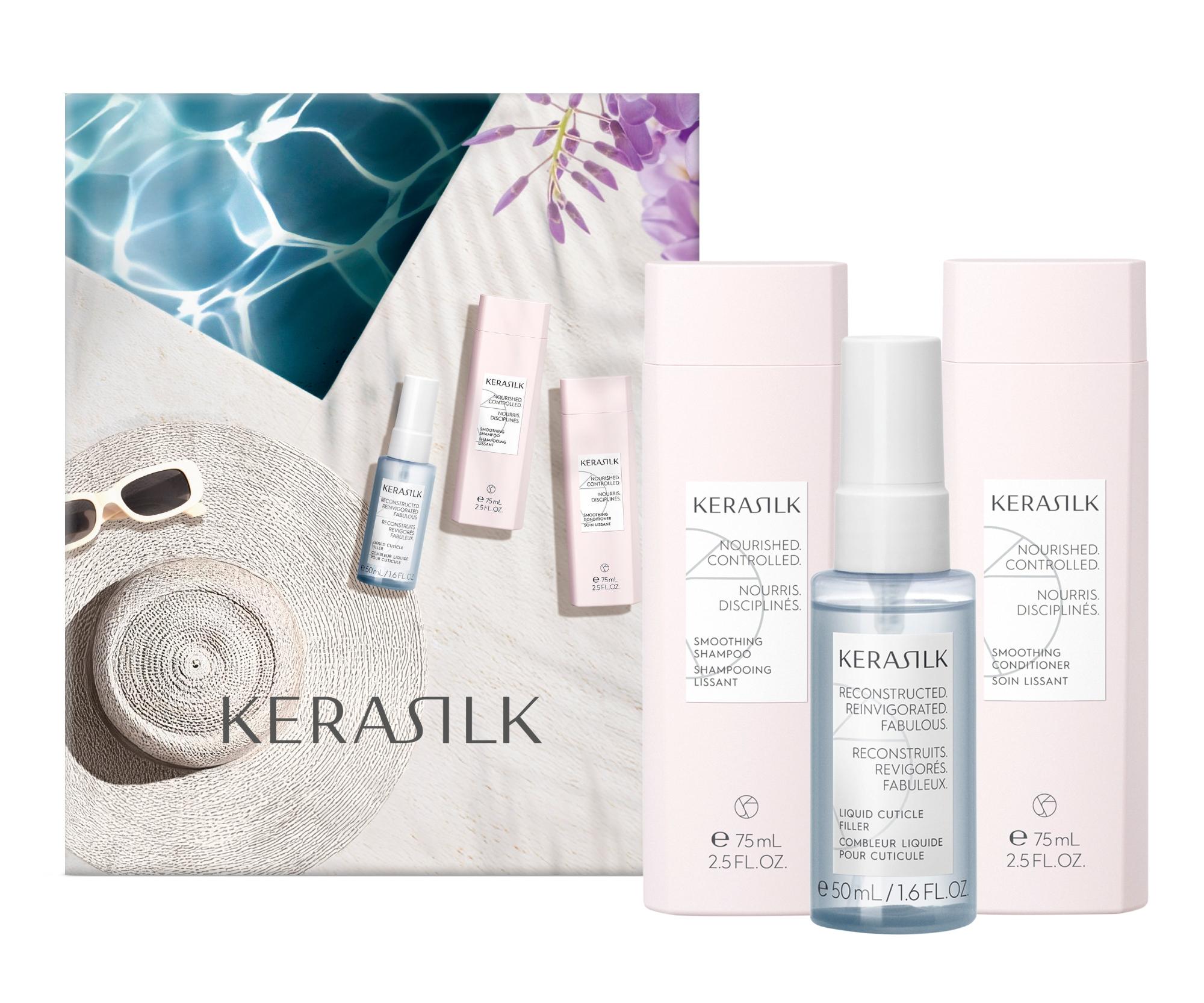 E-shop Darčeková sada na vyhladenie krepatých a nepoddajných vlasov Kerasilk Smoothing Travel Set + kozmetická taštička zadarmo + darček zadarmo