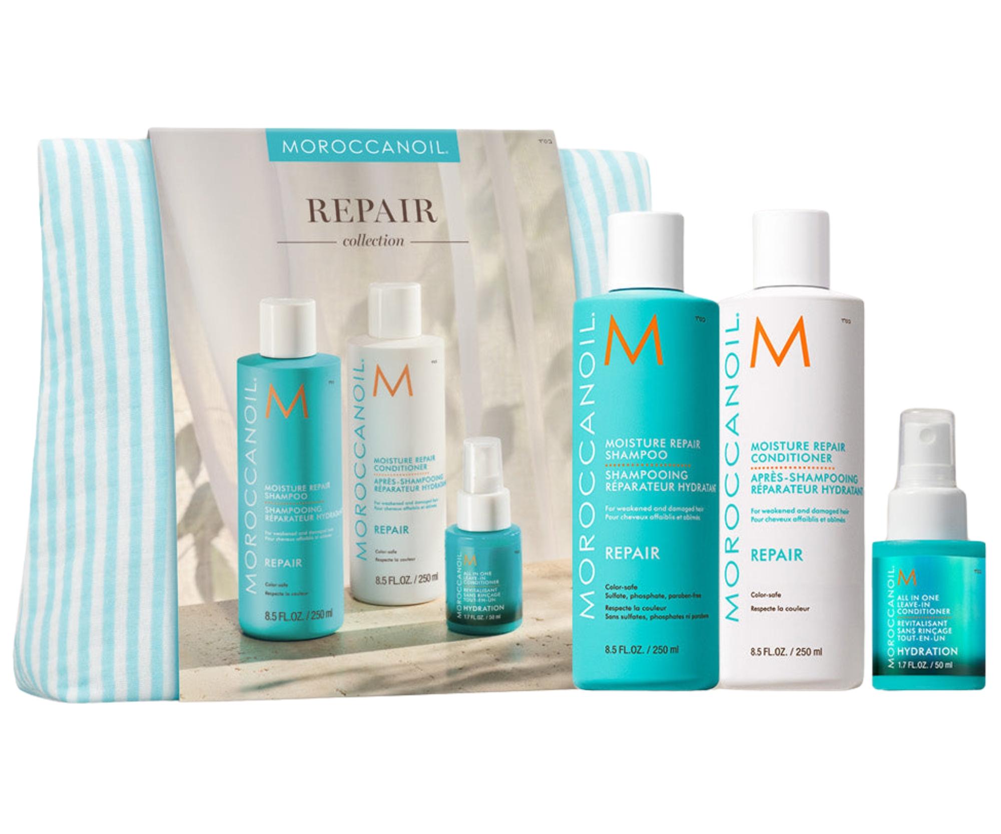 E-shop Darčeková sada pre regeneráciu poškodených vlasov Moroccanoil Repair Collection + bezoplachová starostlivosť a taštička zadarmo + darček zadarmo