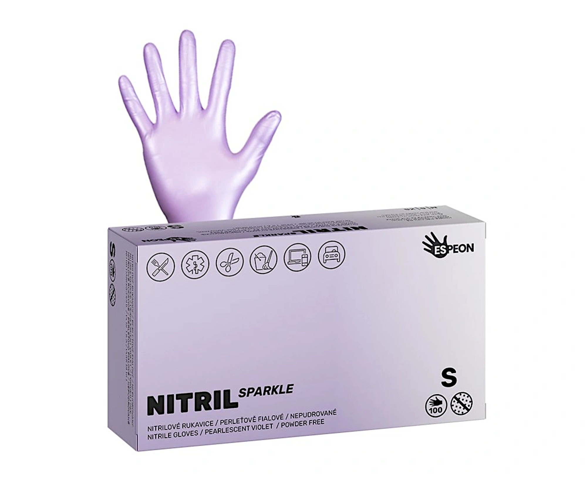 E-shop Nitrilové rukavice Espeon Nitril Sparkle - 100 ks, perleťové fialové, veľkosť S (100146) + darček zadarmo