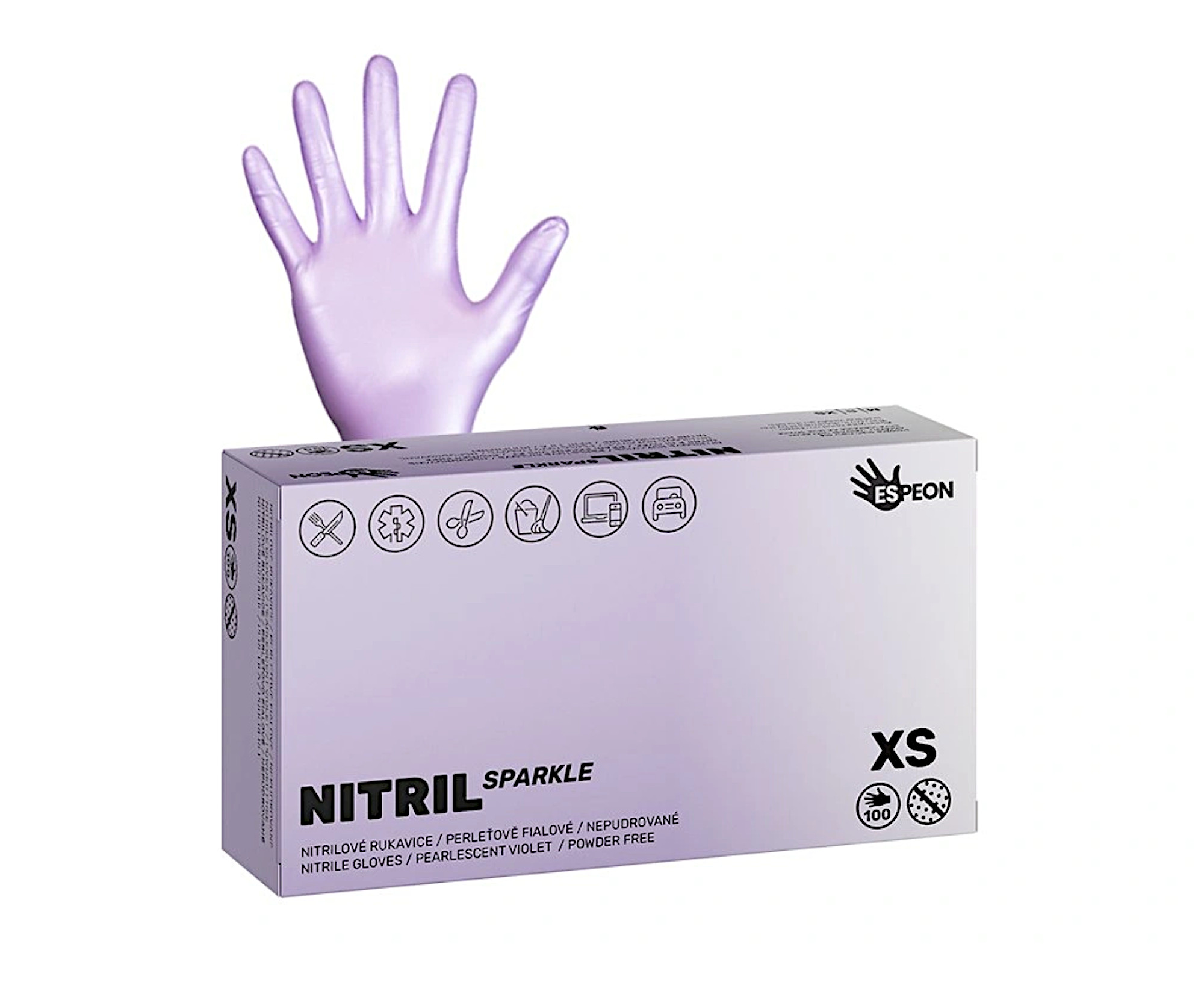 E-shop Nitrilové rukavice Espeon Nitril Sparkle - 100 ks, perleťové fialové, veľkosť XS (100145) + darček zadarmo