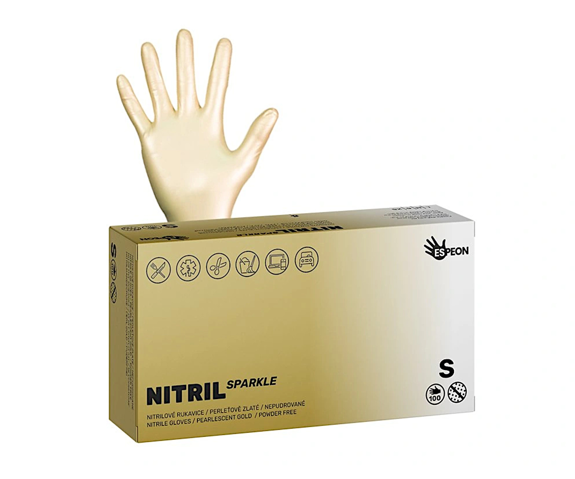 E-shop Nitrilové rukavice Espeon Nitril Sparkle - 100 ks, perleťové zlaté, veľkosť S (100149) + darček zadarmo