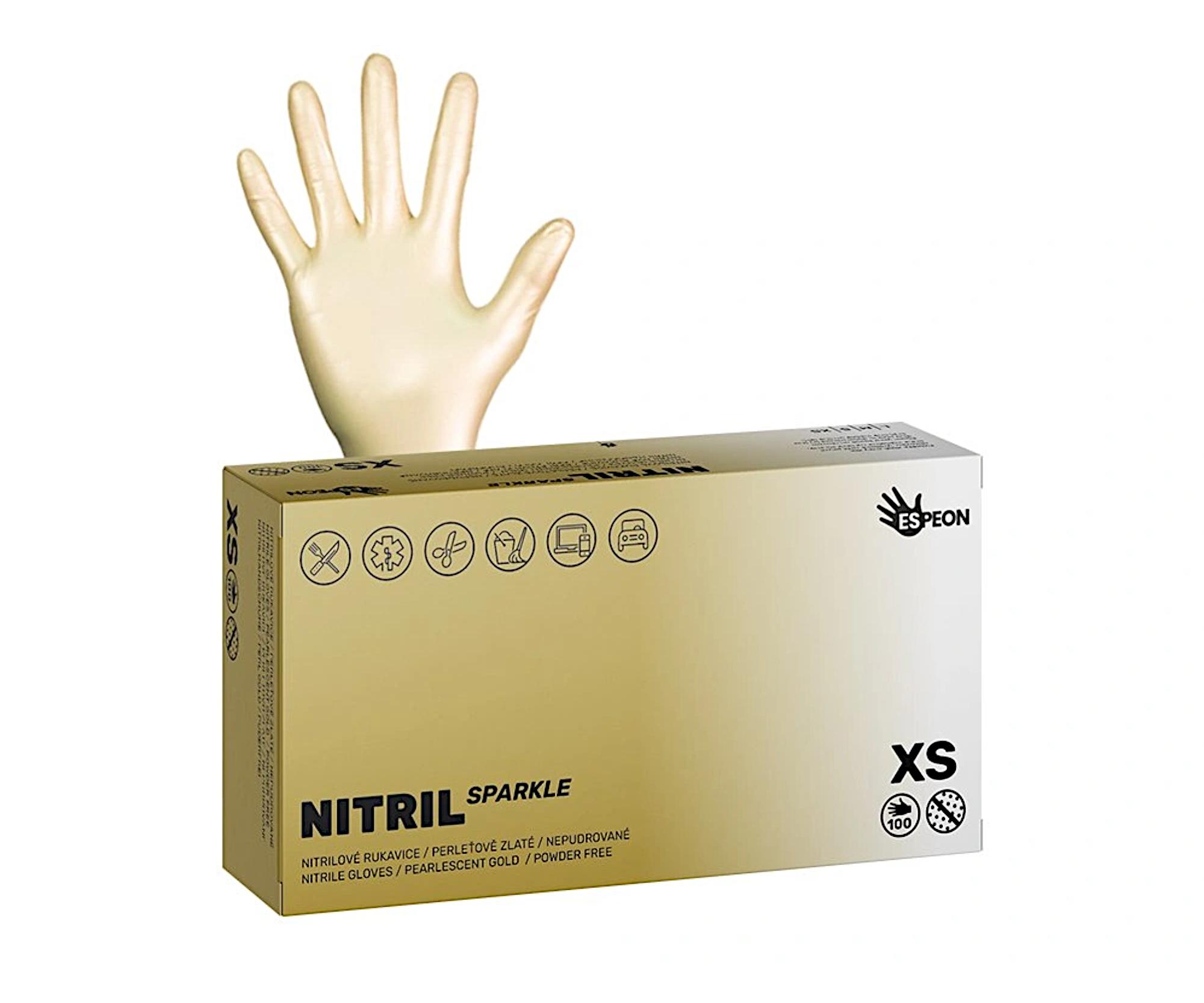 E-shop Nitrilové rukavice Espeon Nitril Sparkle - 100 ks, perleťové zlaté, veľkosť XS (100148) + darček zadarmo