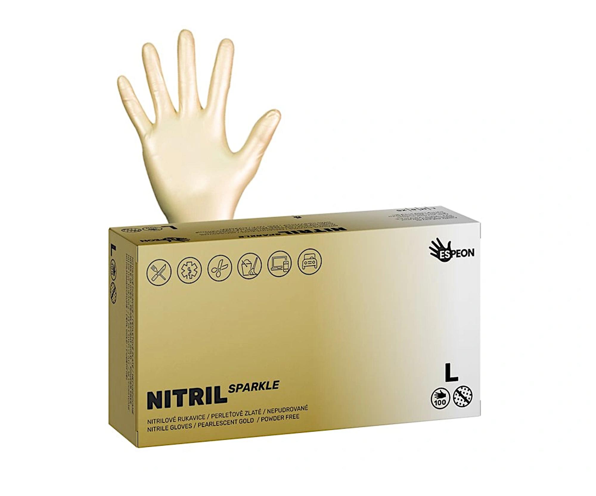 E-shop Nitrilové rukavice Espeon Nitril Sparkle - 100 ks, perleťové zlaté, veľkosť L (100151) + darček zadarmo