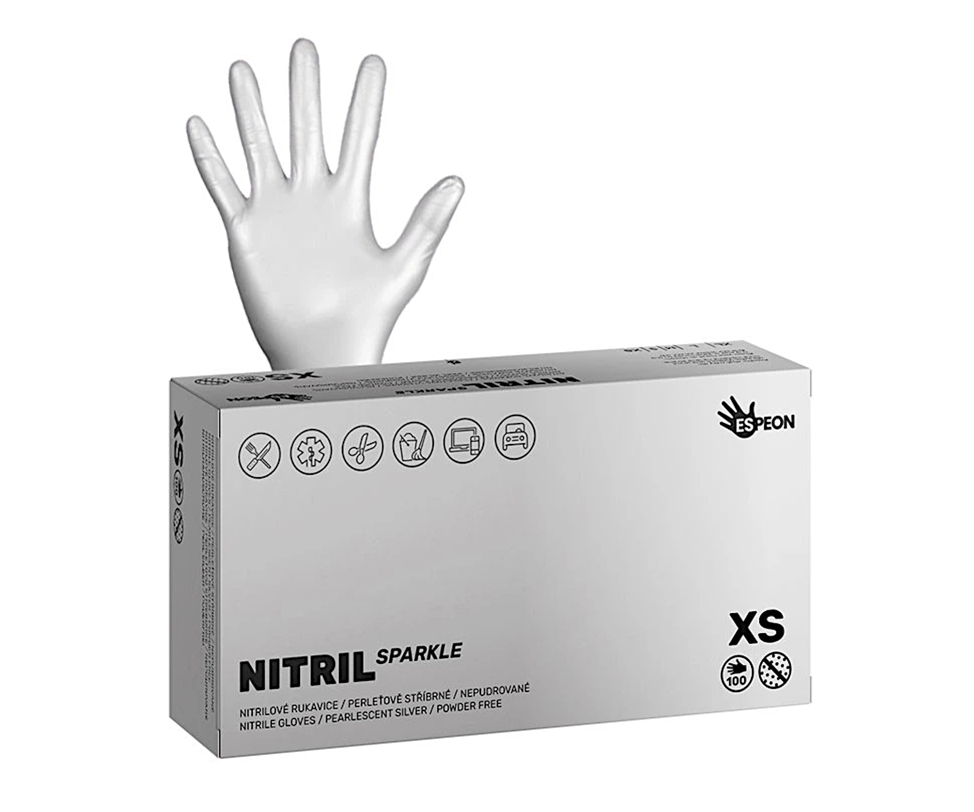 E-shop Nitrilové rukavice Espeon Nitril Sparkle - 100 ks, perleťové strieborné, veľkosť XS (100172) + darček zadarmo