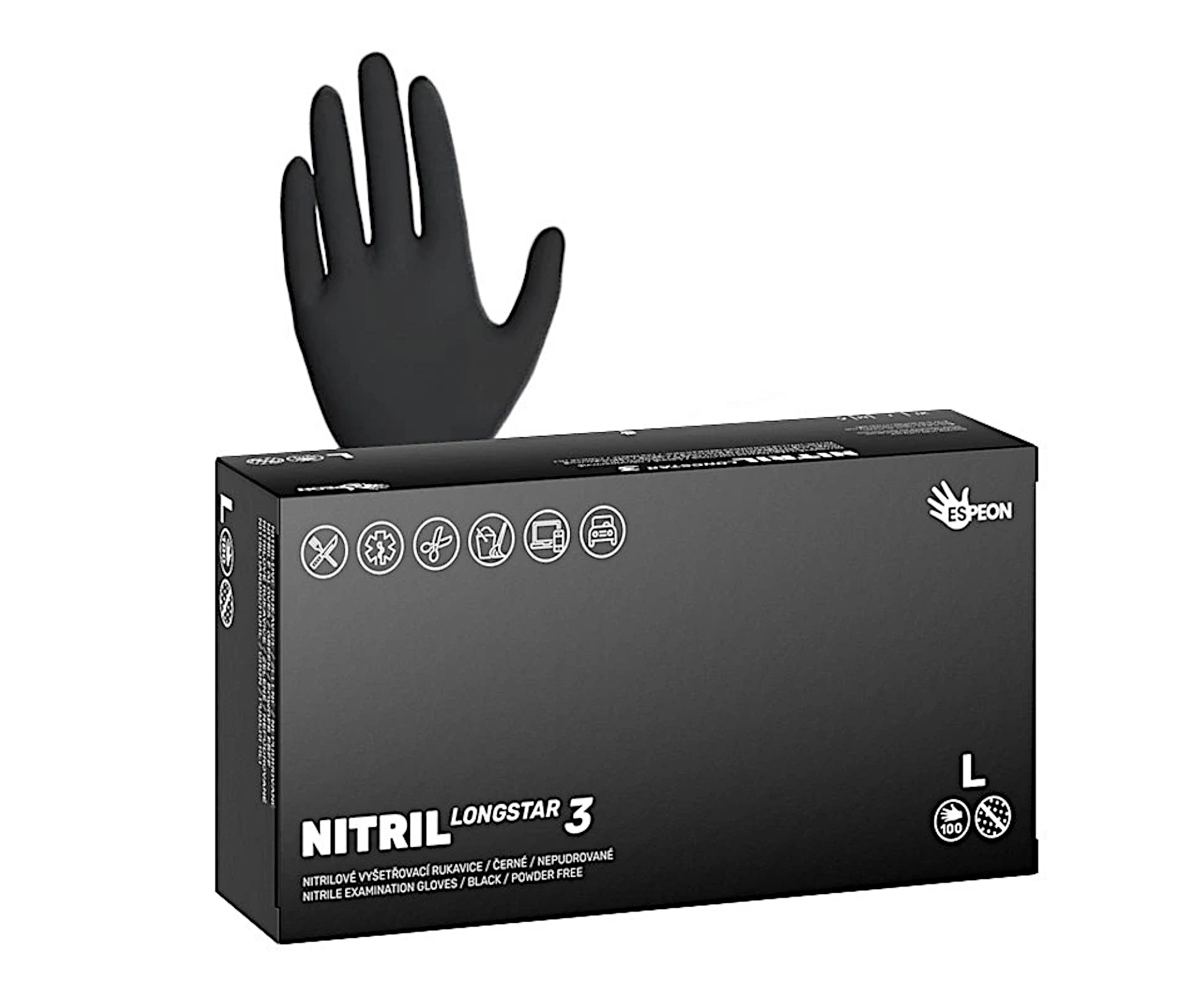 E-shop Silné predĺžené nitrilové rukavice so zdrsneným povrchom Espeon Nitril Longstar 3 - 100 ks, čierne, veľkosť L (100193) + darček zadarmo