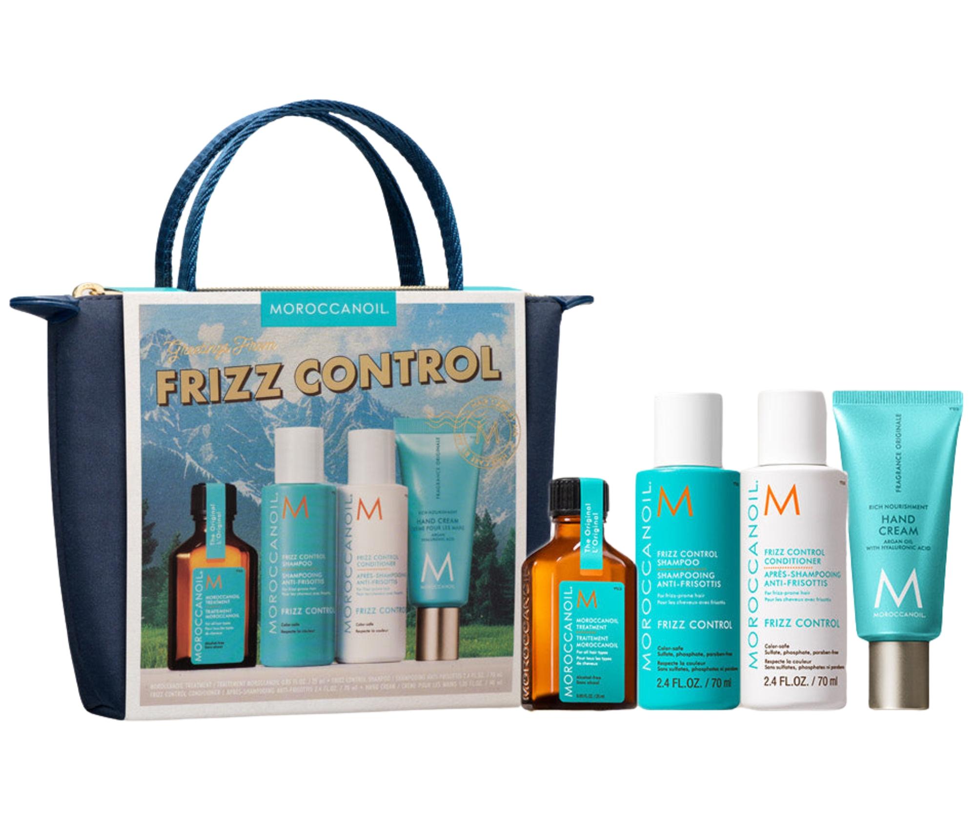 E-shop Cestovná sada na uhladenie krepatých vlasov Moroccanoil Greetings From Frizz Control + krém na ruky a taštička zadarmo + darček zadarmo