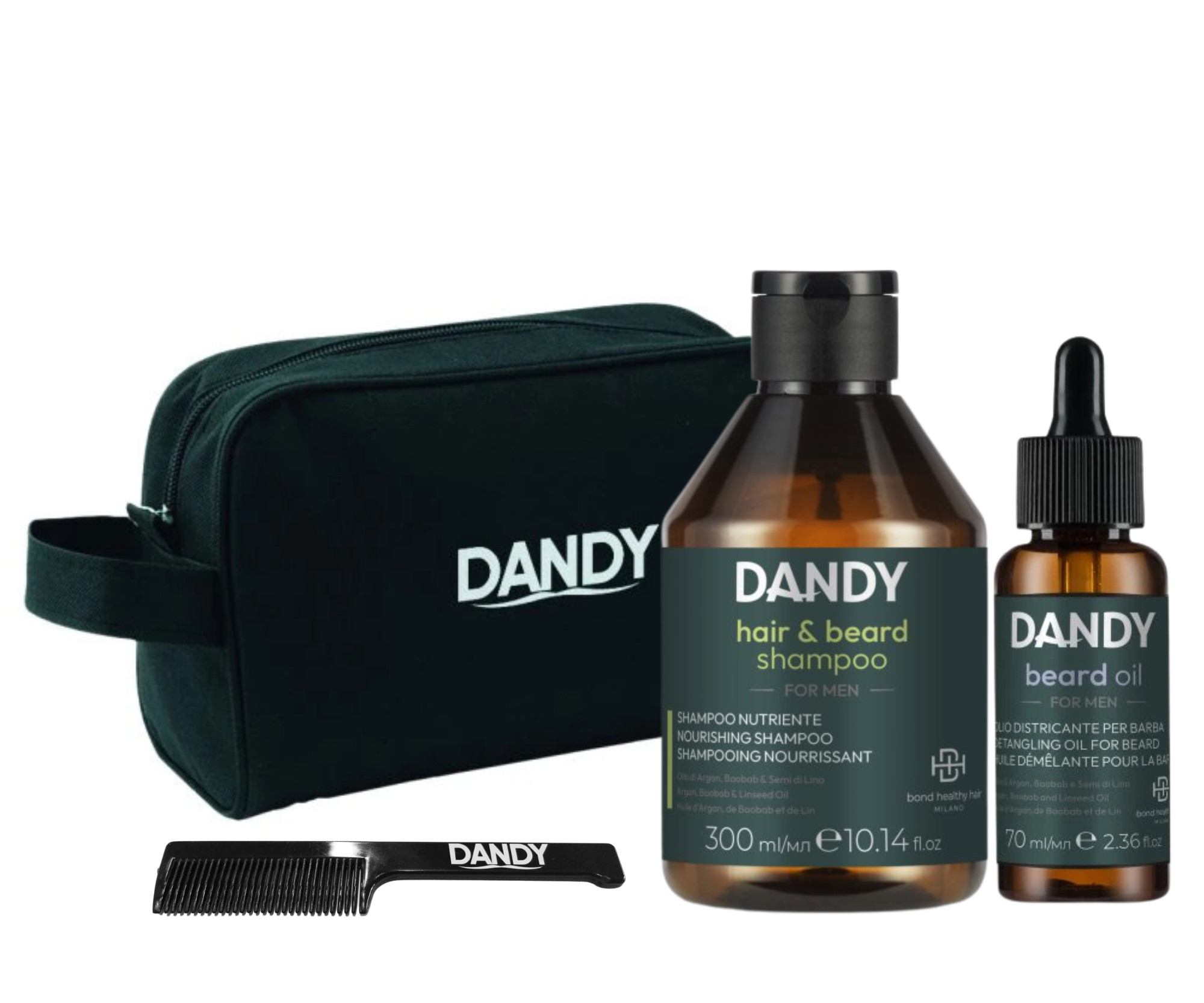 E-shop Pánska cestovná sada pre starostlivosť o vlasy a fúzy s kozmetickou taštičkou a hrebienkom na fúzy Dandy + darček zadarmo