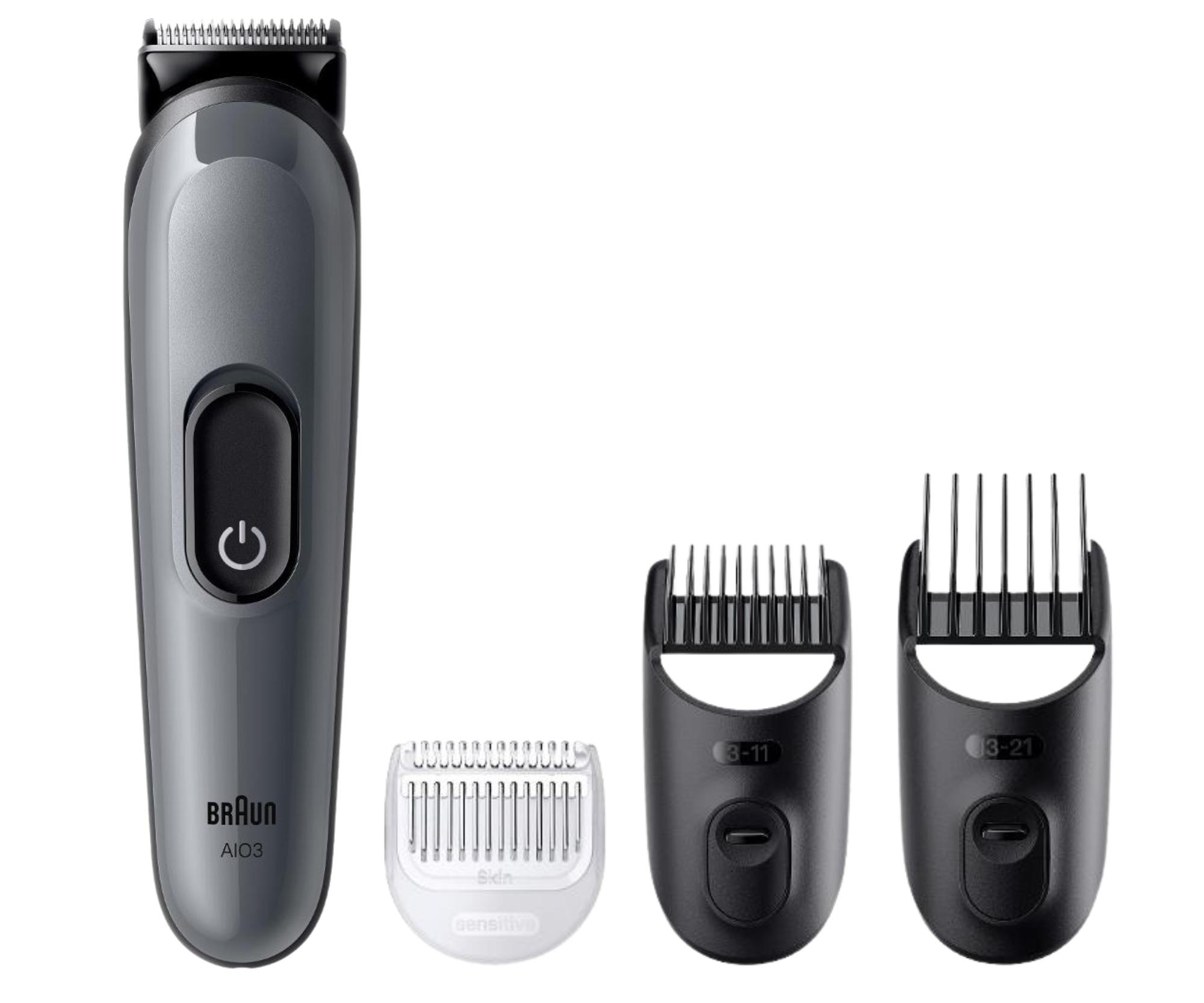 E-shop Multifunkčný zastrihávač vlasov, fúzov a tela Braun Series 3 AIO3500 - šedý + darček zadarmo
