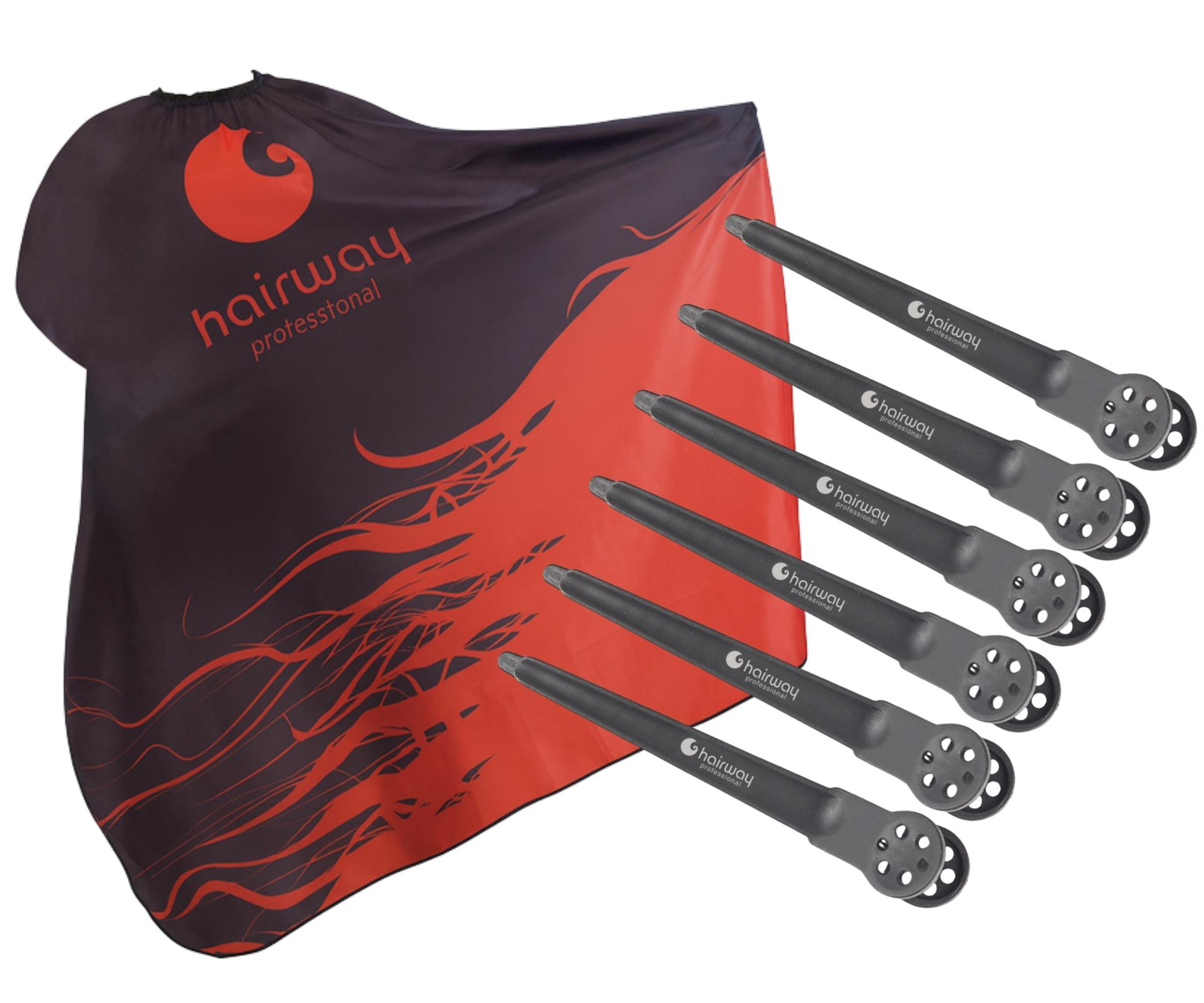 E-shop Kadernícka pláštenka na strihanie Hairway - čierno-červená + karbónové klipsy do vlasov Hairway - 10 cm, čierne - 6 ks zadarmo + darček zadarmo