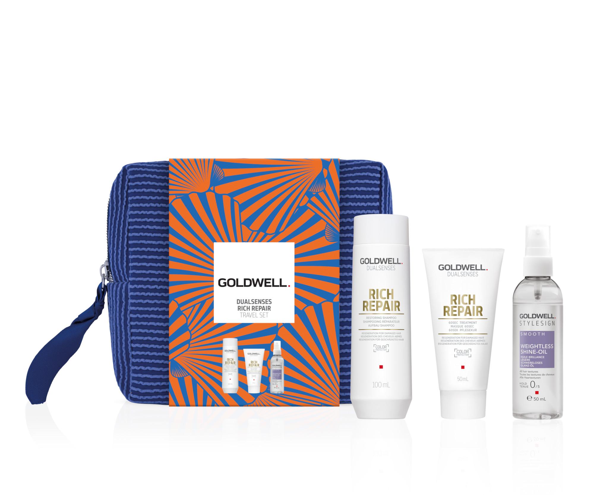 Cestovná sada pre suché vlasy Goldwell Dualsenses Rich Repair Travel Set + kozmetická taštička zadarmo + darček zadarmo