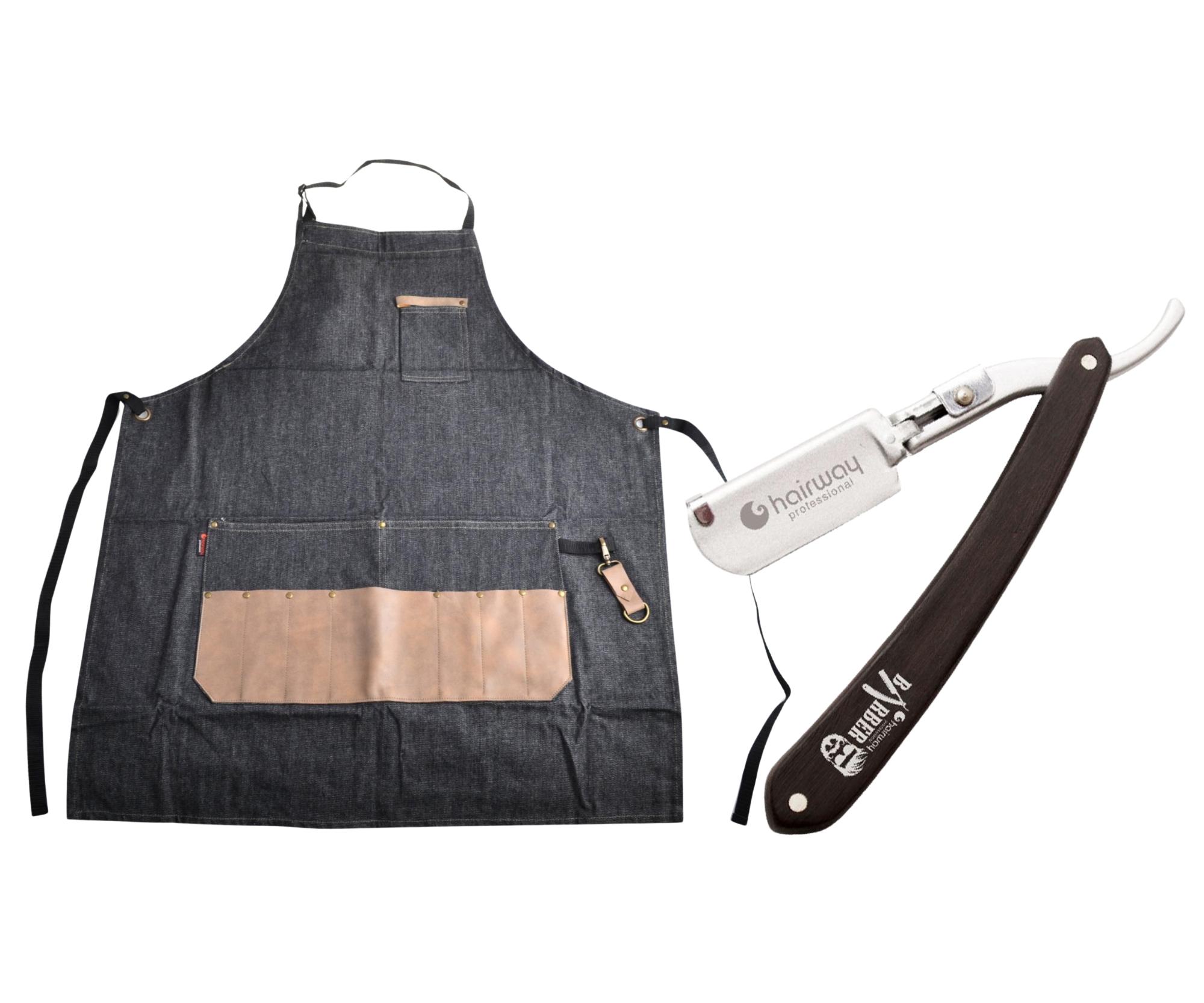 E-shop Pánska zástera Hairway Barber - tmavo modrá + britva na holenie fúzov Hairway Razor - čierna zadarmo + darček zadarmo