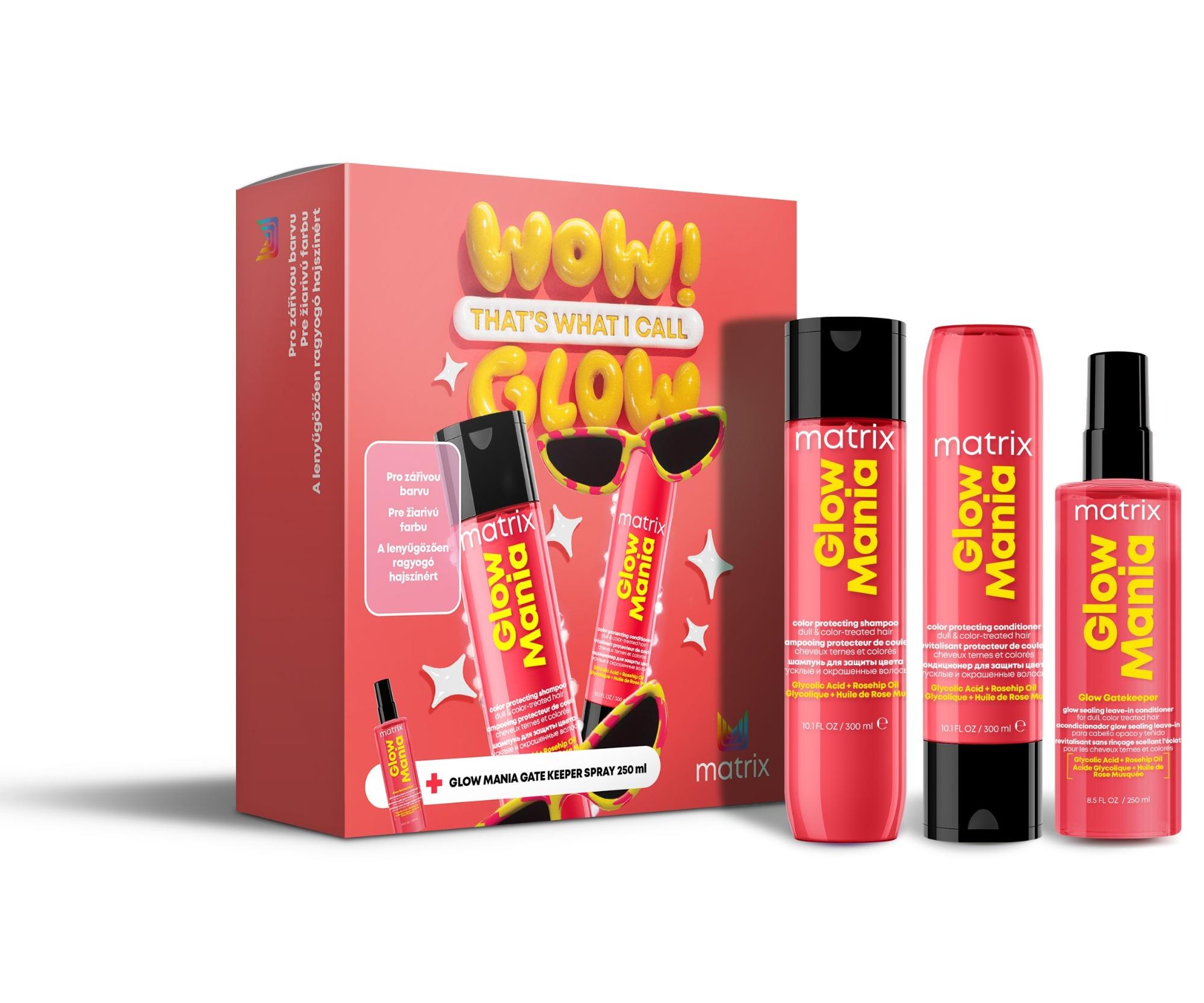Darčeková sada na ochranu a žiarivý lesk matných farbených vlasov Matrix Glow Mania + darček zadarmo.
