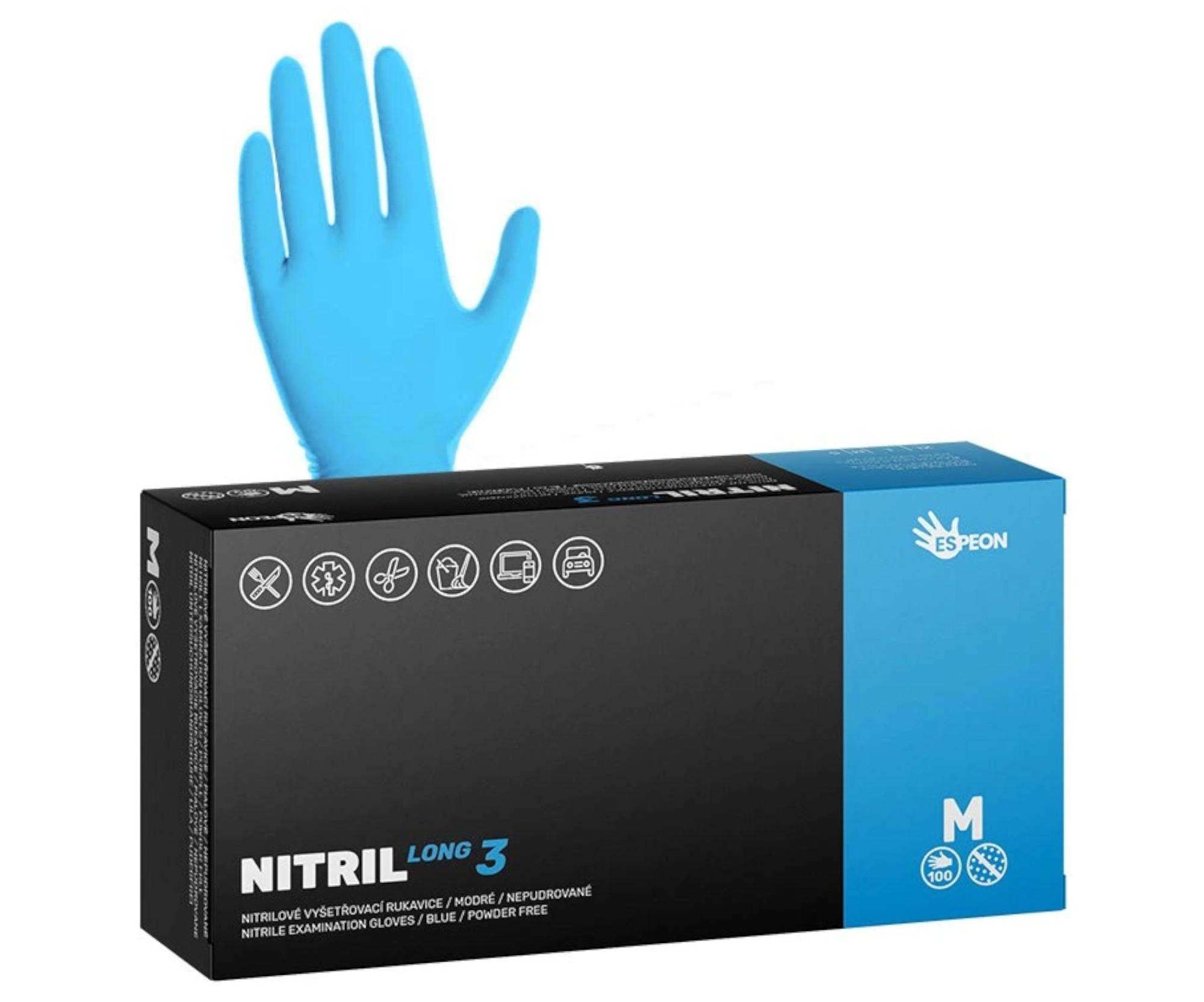 E-shop Dlhé nitrilové rukavice Espeon Nitril Long 3 - 100 ks, modré, veľkosť M (100100) + darček zadarmo
