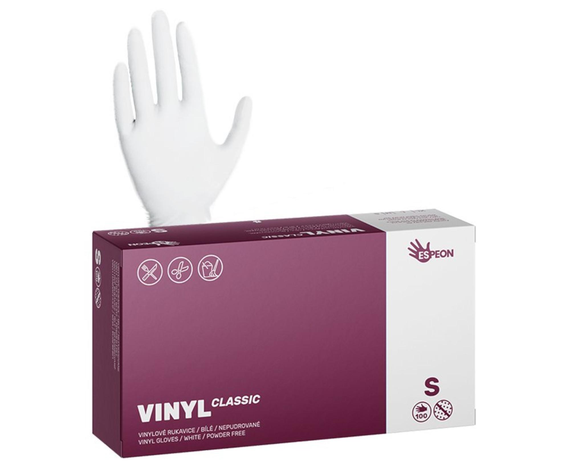 E-shop Vinylové rukavice Espeon Vinyl Classic - 100 ks, biele, nepudrované, veľkosť S (100042)