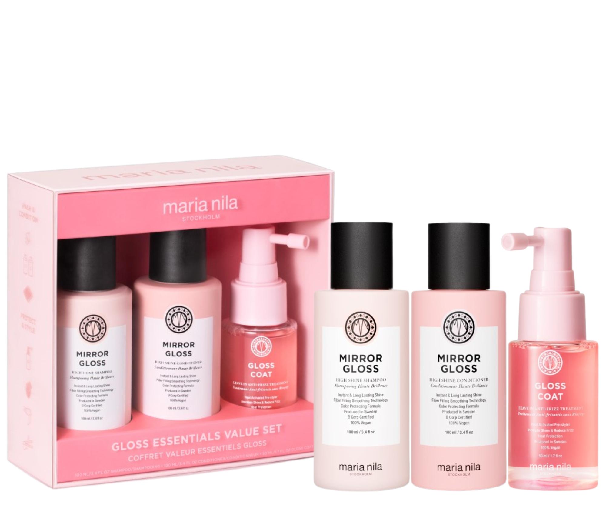 Darčeková cestovná sada pre lesk a uhladenie vlasov Maria Nila Mirror Gloss Essentials Value Set + darček zadarmo