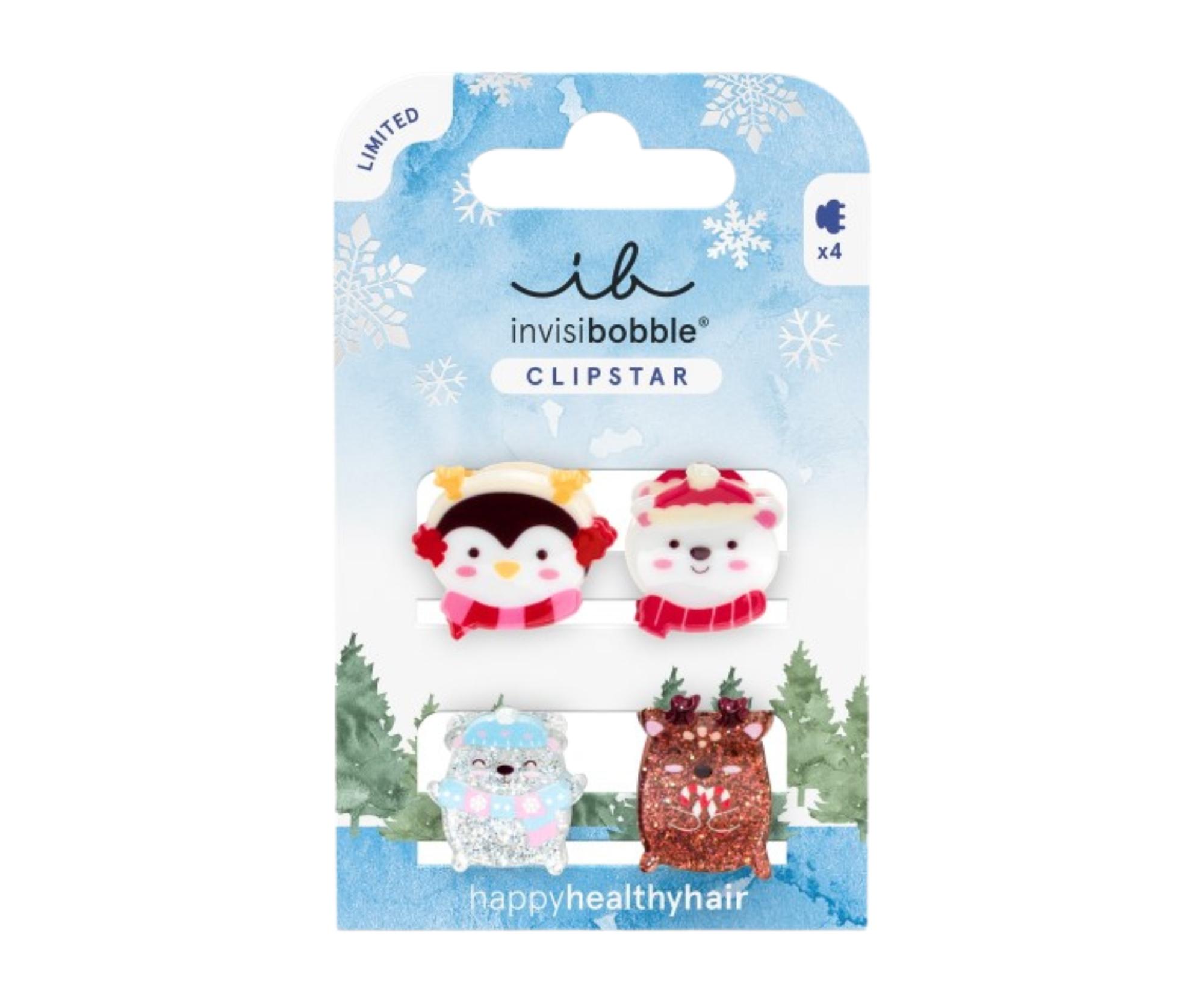 E-shop Detské veselé škrípečky do vlasov Invisibobble Clipstar Cozy Snowy Friends - 4 ks + darček zadarmo