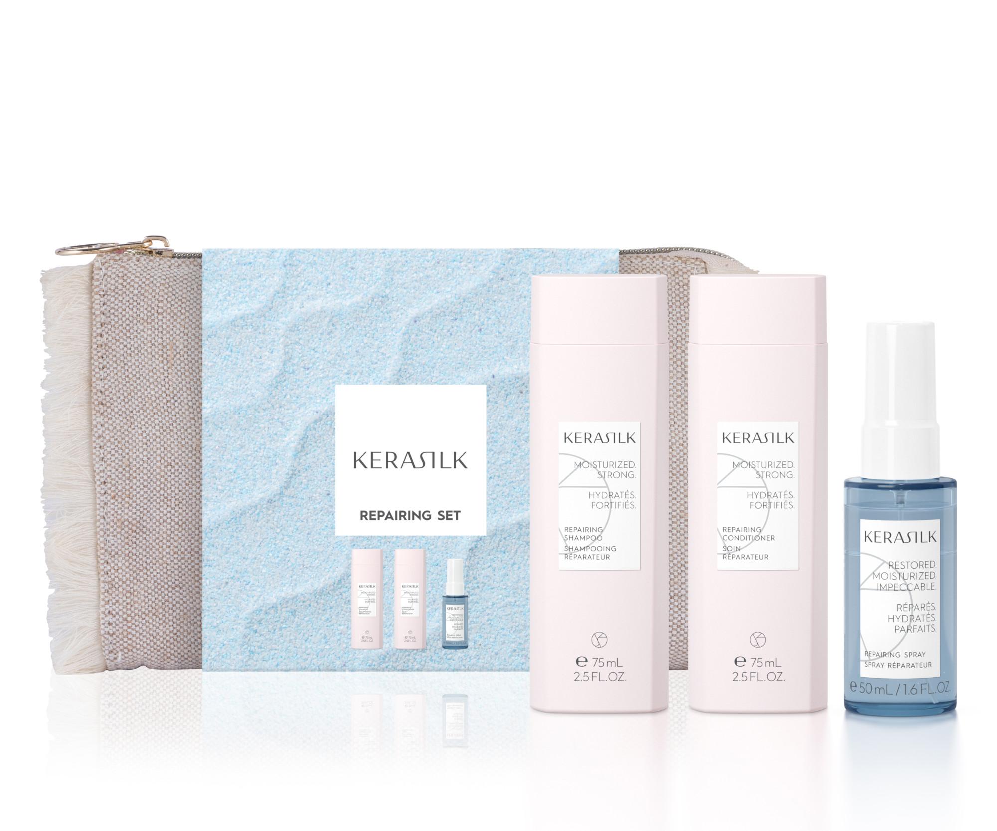 Cestovná sada pre regeneráciu suchých a poškodených vlasov Kerasilk Repairing Travel Set + kozmetická taštička zadarmo + darček zadarmo