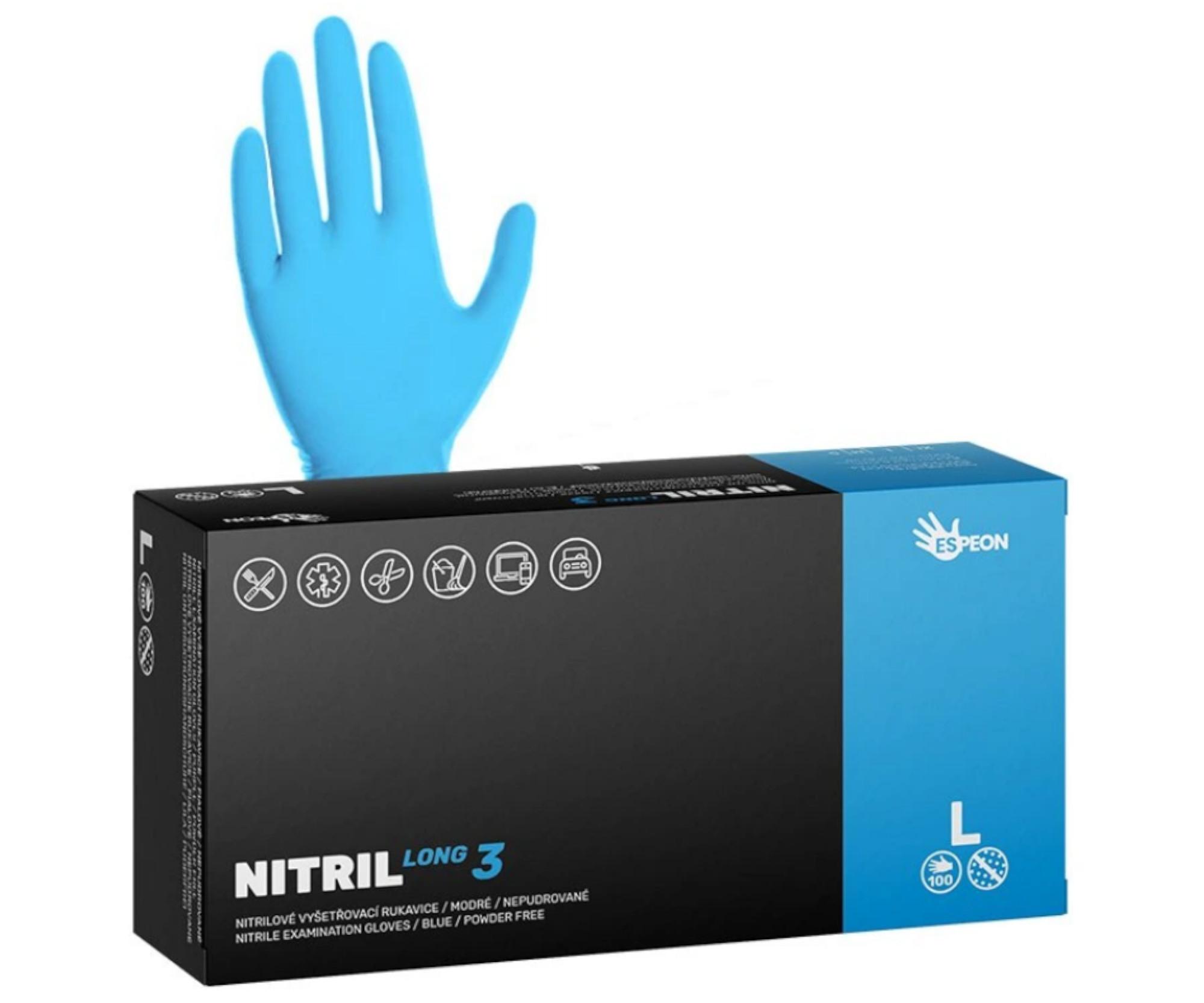E-shop Dlhé nitrilové rukavice Espeon Nitril Long 3 - 100 ks, modré, veľkosť L (100101) + darček zadarmo