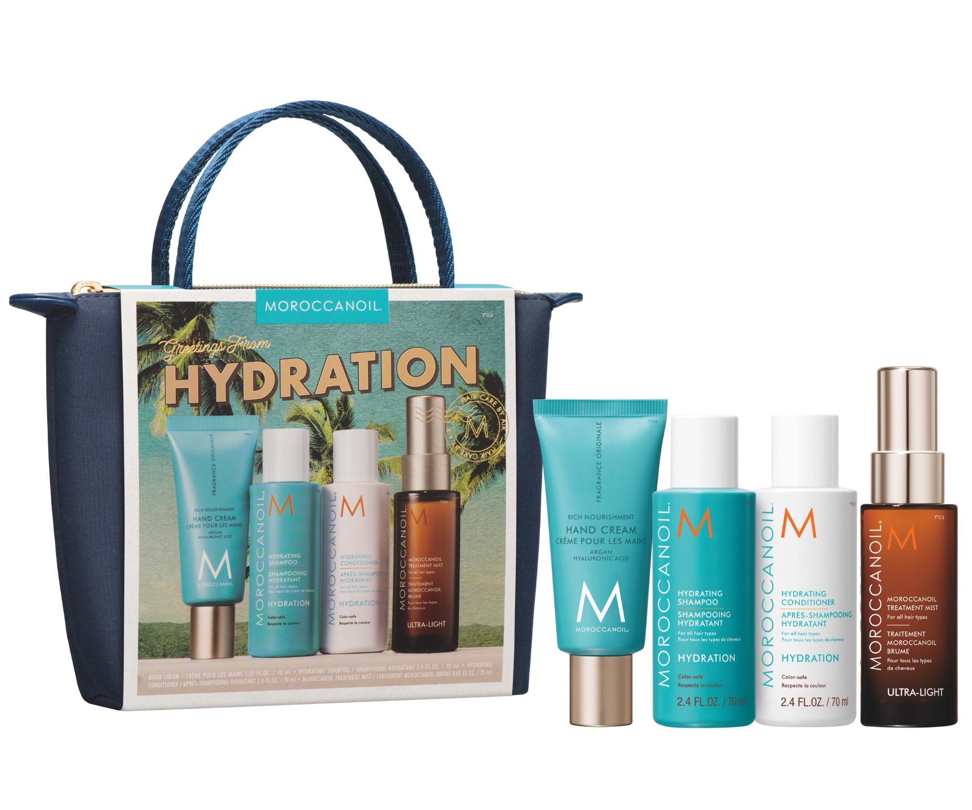 E-shop Cestovná sada pre hydratáciu vlasov Moroccanoil Greetings From Hydration + krém na ruky a taštička zadarmo + darček zadarmo