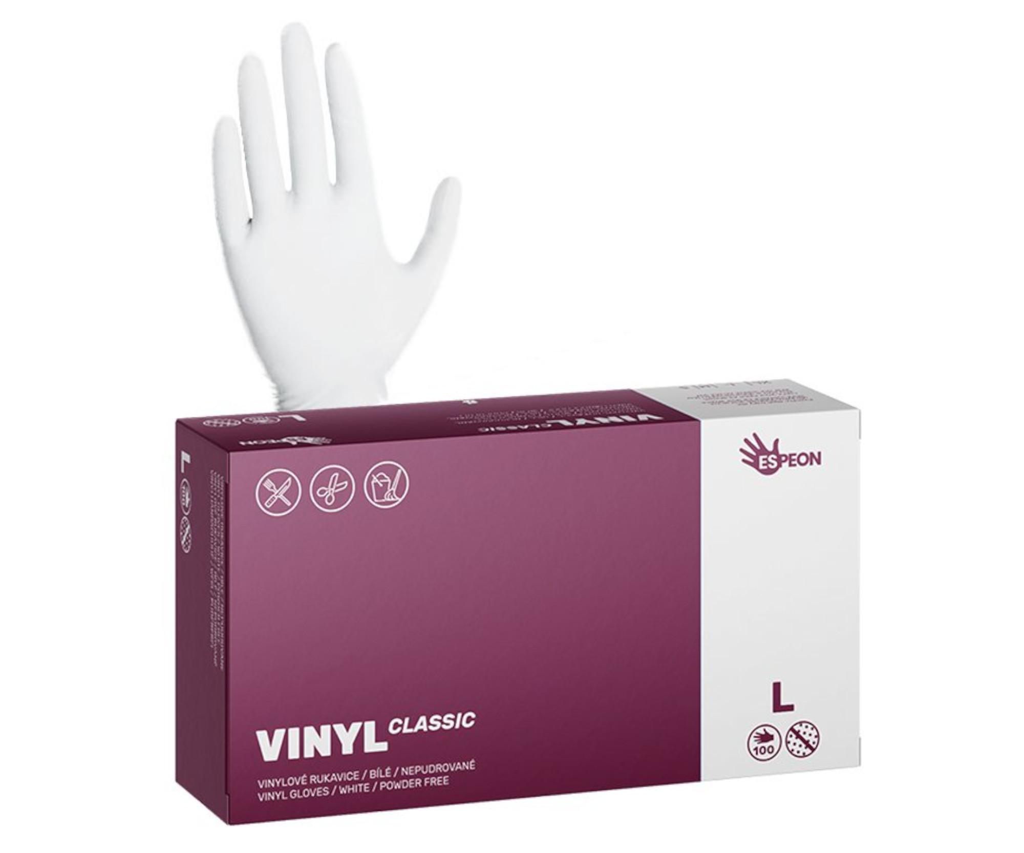 E-shop Vinylové rukavice Espeon Vinyl Classic - 100 ks, biele, nepudrované, veľkosť L (100044)