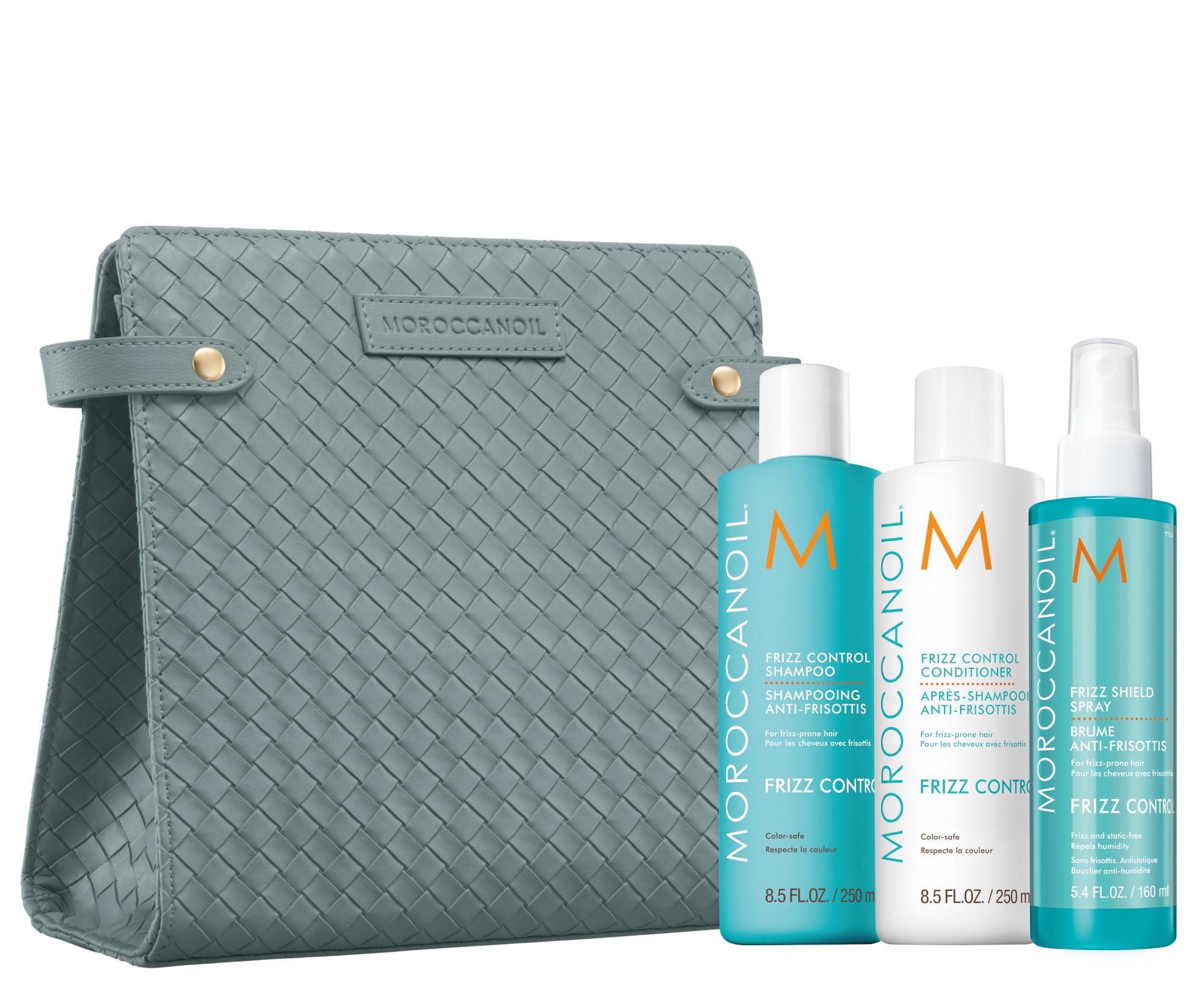 E-shop Darčeková sada na uhladenie krepatých a nepoddajných vlasov Moroccanoil Holiday Set Frizz + taštička zadarmo + darček zadarmo