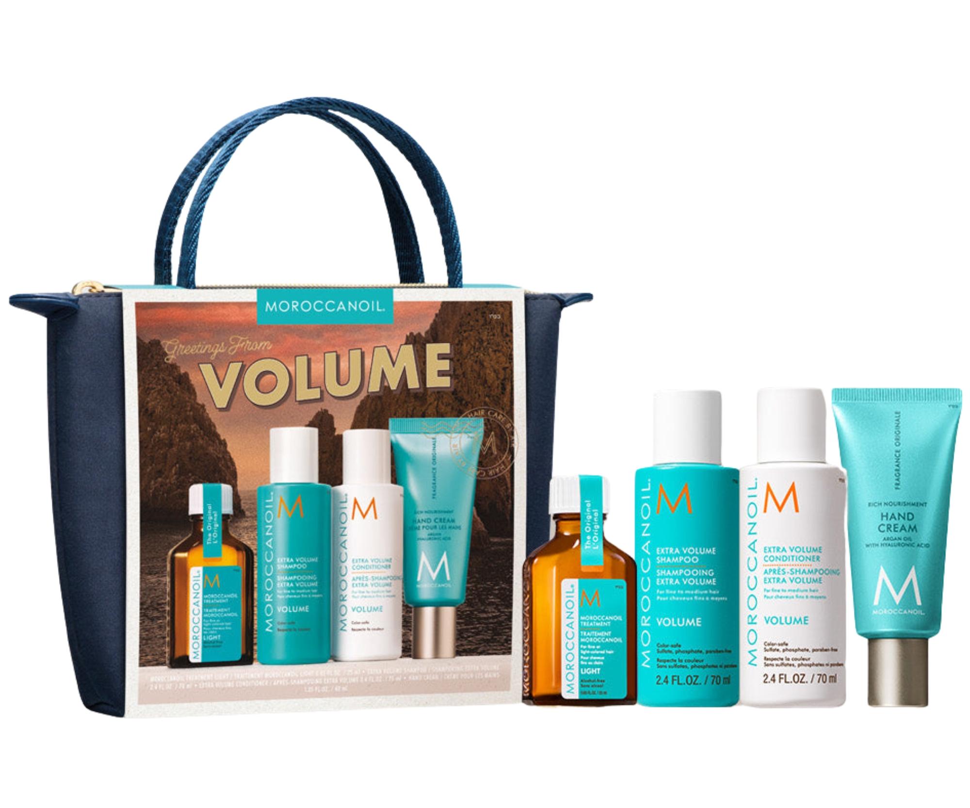 E-shop Cestovná sada pre objem jemných vlasov Moroccanoil Greetings From Volume + krém na ruky a taštička zadarmo + darček zadarmo