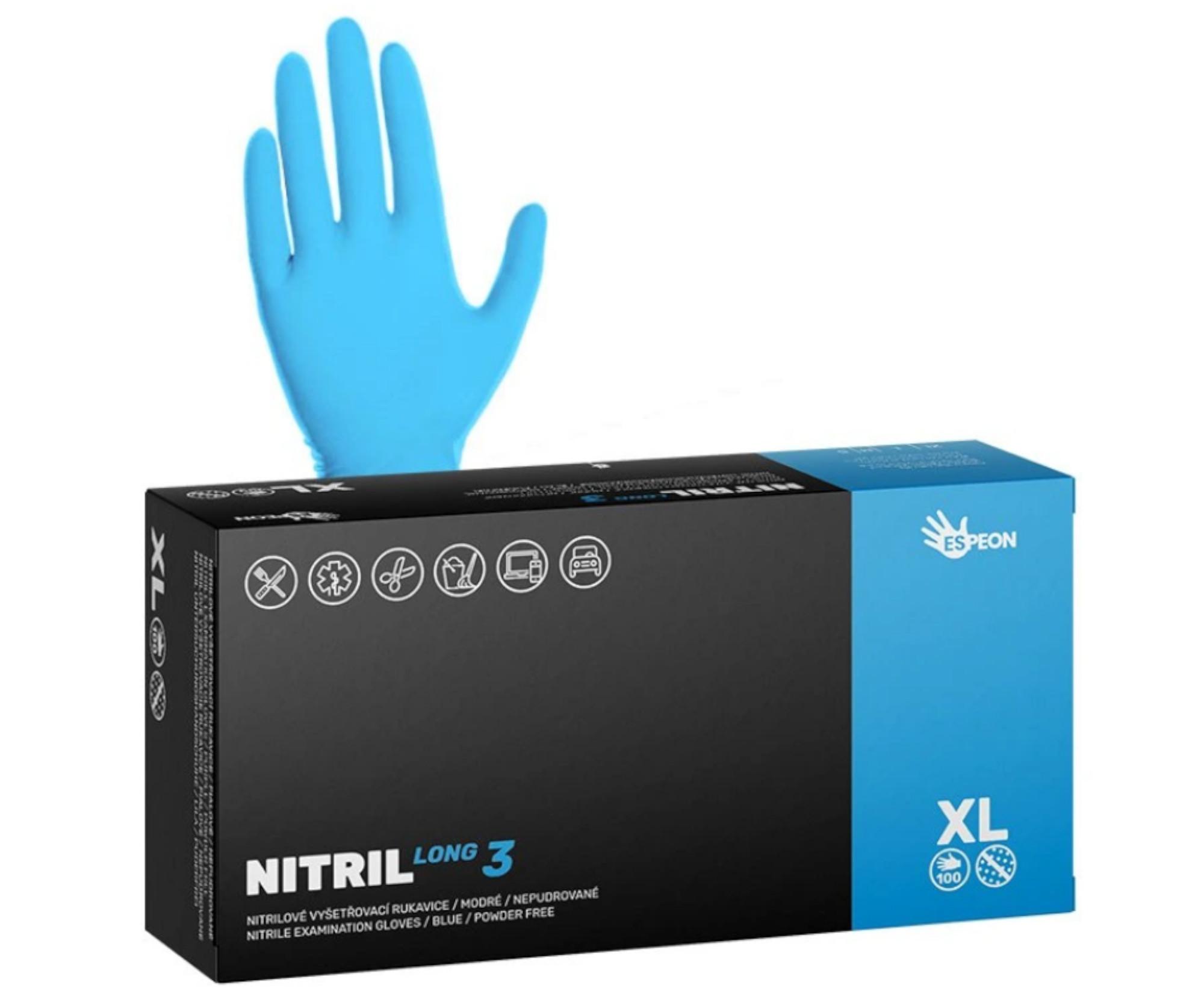 E-shop Dlhé nitrilové rukavice Espeon Nitril Long 3 - 100 ks, modré, veľkosť XL (100102) + darček zadarmo