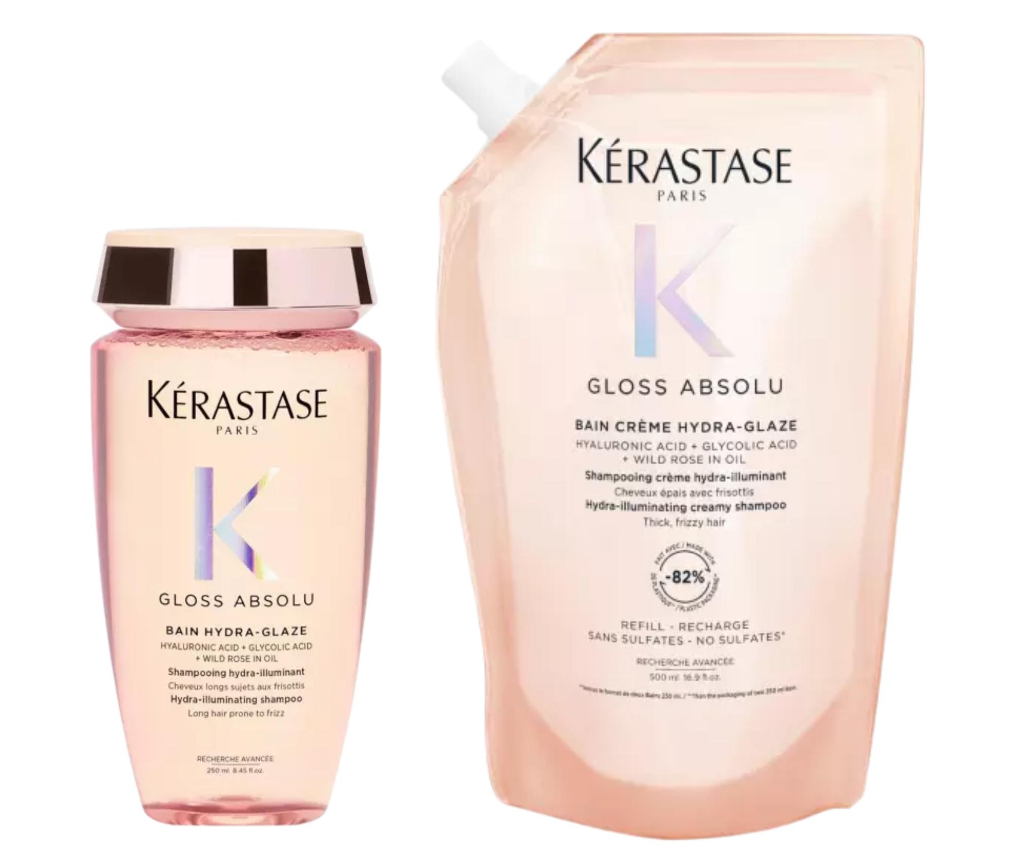 Rozjasňujúci šampón pre vlasy so sklonom ku krepovateniu Kérastase Gloss Absolu Bain Hydra-Glaze - 250 ml + náhradná náplň 500 m + darček zadarmo