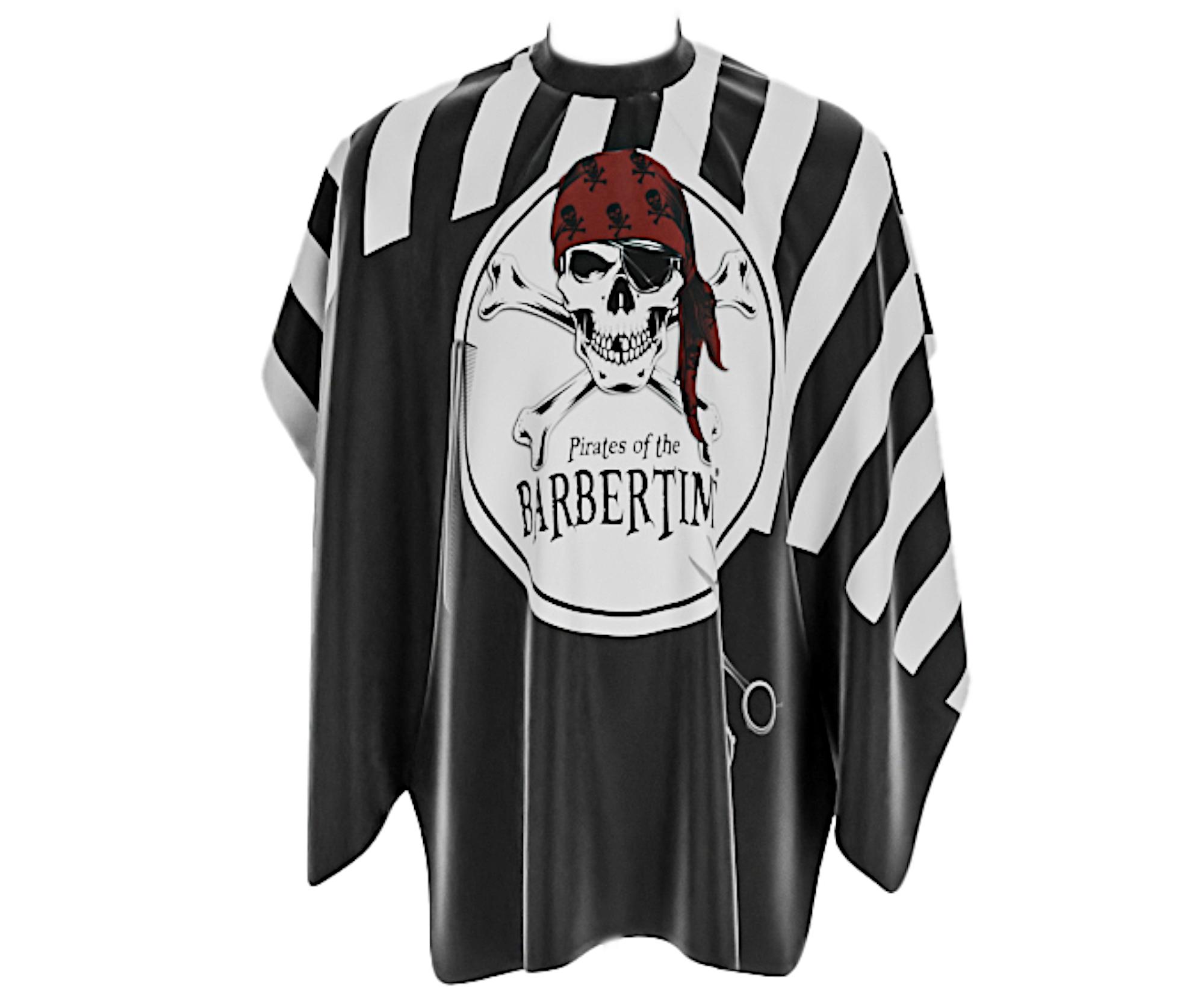 E-shop Pláštenka na strihanie vlasov a fúzov Barbertime Black White Banded Pro Barber Cape XXL - čierna - Pirates of the Barbertime + darček zadarmo