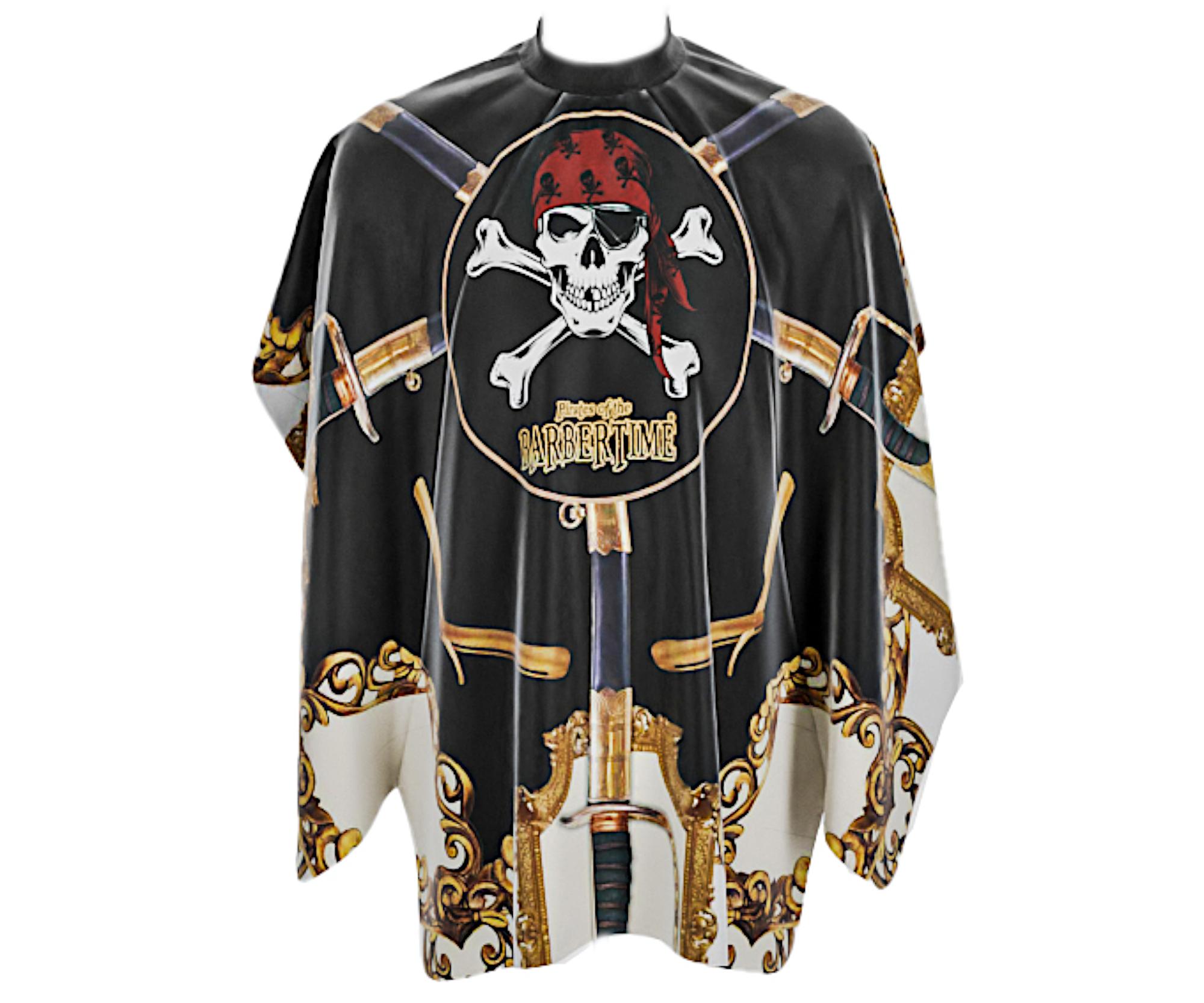 E-shop Pánska pláštenka na strihanie vlasov a fúzov Barbertime Sworded Pro Barber Cape XXL - čierno biela - Pirates of the Barbertime + darček zadarmo