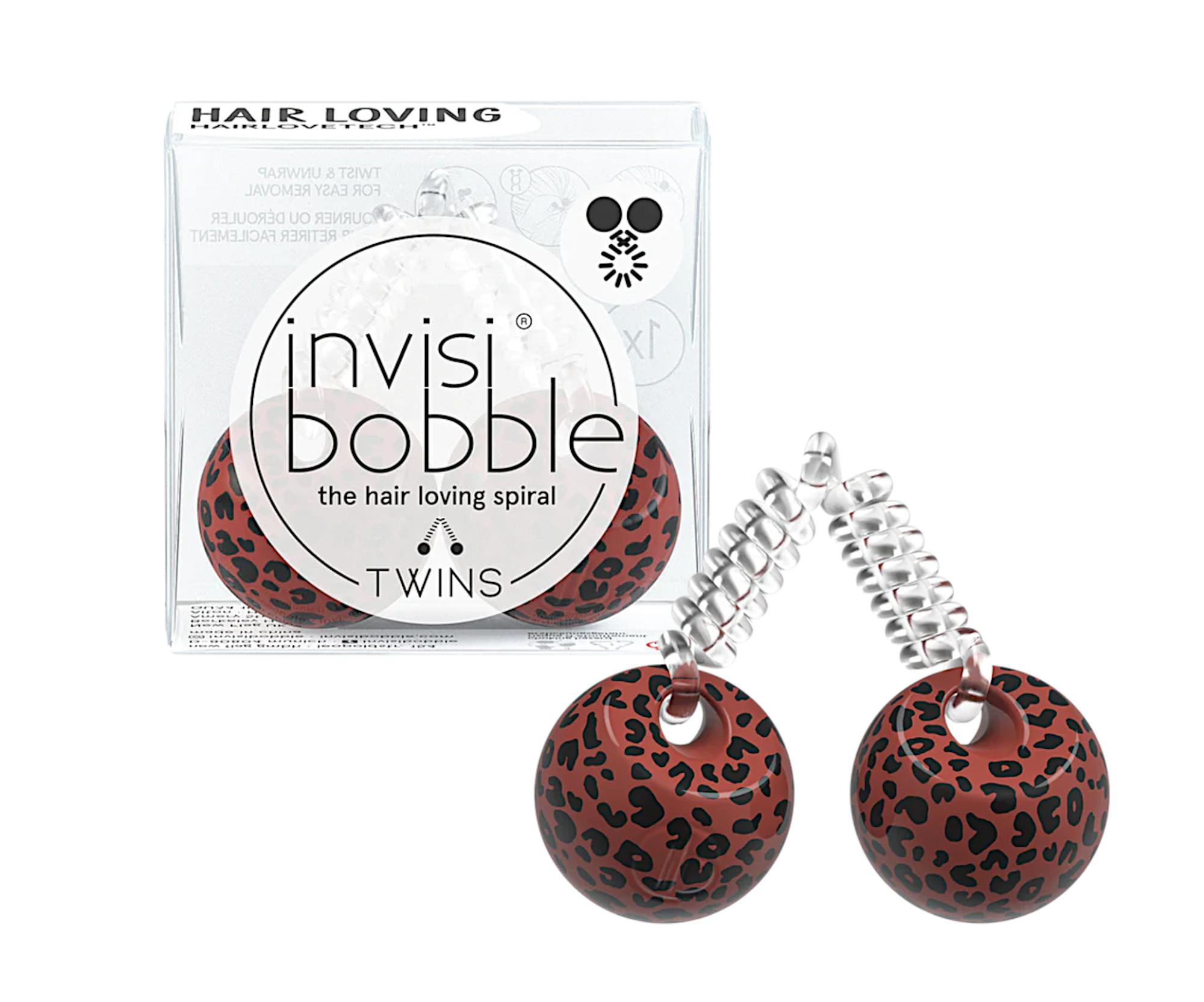 E-shop Tenká špirálová gumička do vlasov s guličkami Invisibobble Twins Purrfection - vzorovaná hnedá (IB-TW-HP10001) + darček zadarmo