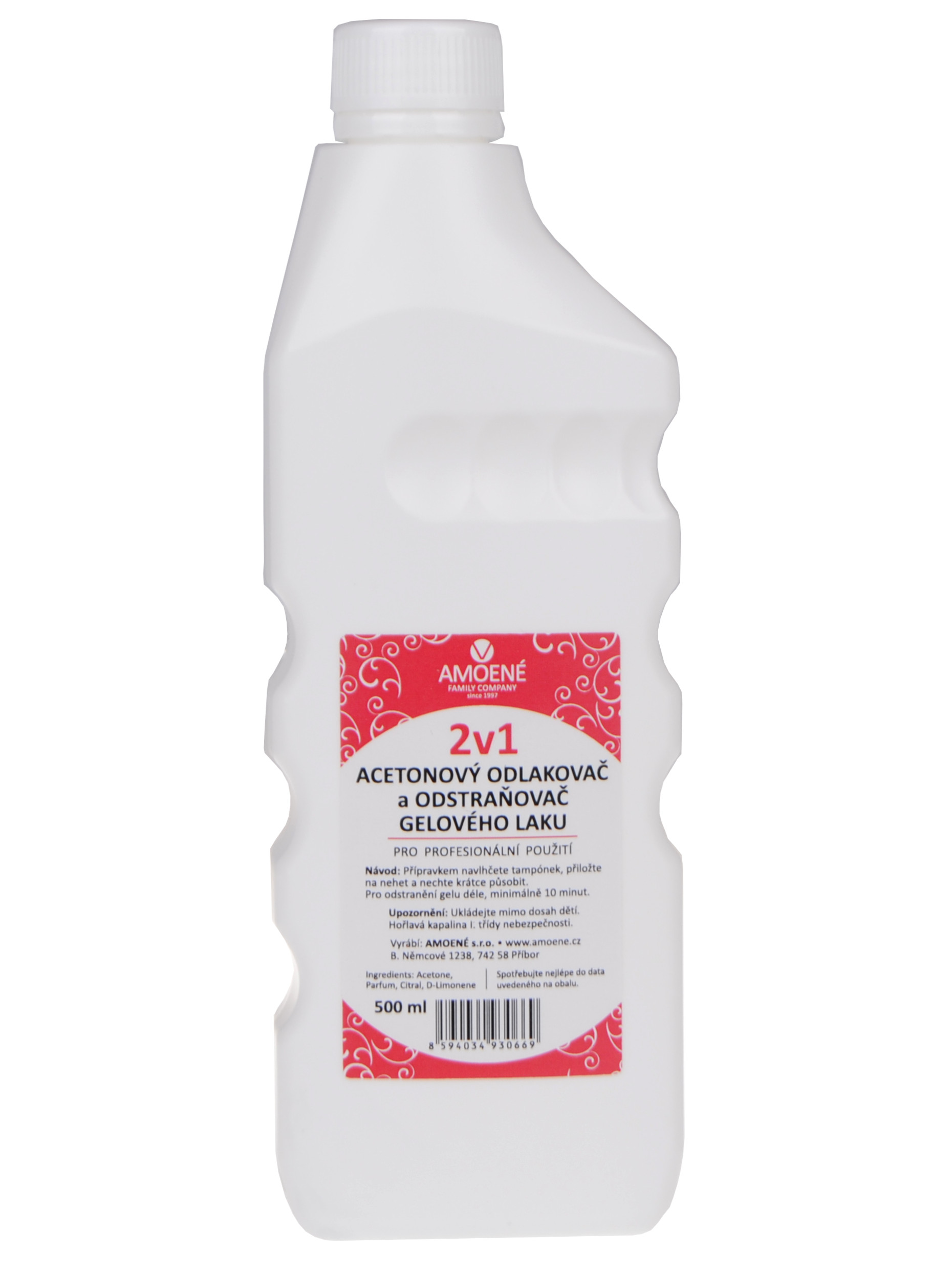 E-shop Acetónový odlakovač a odstraňovač gélového laku 2 v 1, Amoené 500 ml (011401M500P) + darček zadarmo