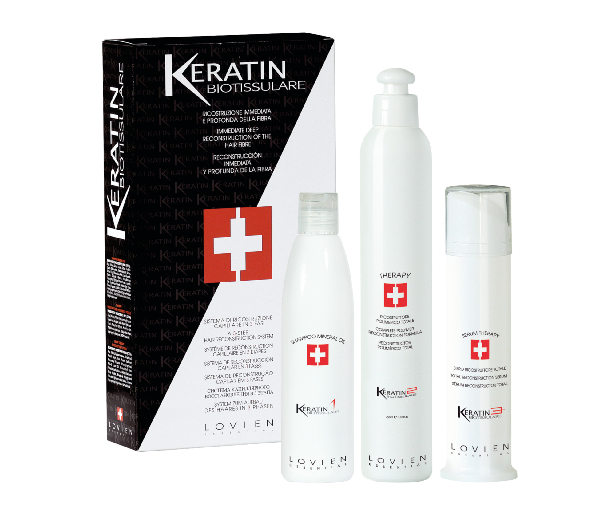 E-shop Trojfázový keratínový systém pre poškodené vlasy Lovien Essential Biotissulare - 2x 250 ml + 100 ml + darček zadarmo