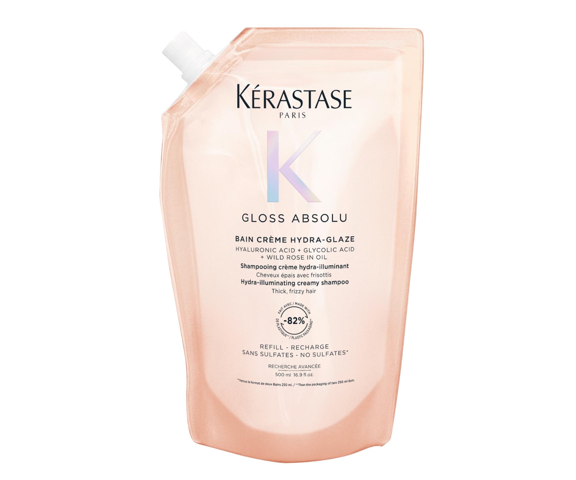 Hydratačný a rozjasňujúci šampón pre pevné krepovaté vlasy Kérastase Gloss Absolu Bain Créme Hydra-Glaze-500 ml, náhradná náplň + darček zadarmo
