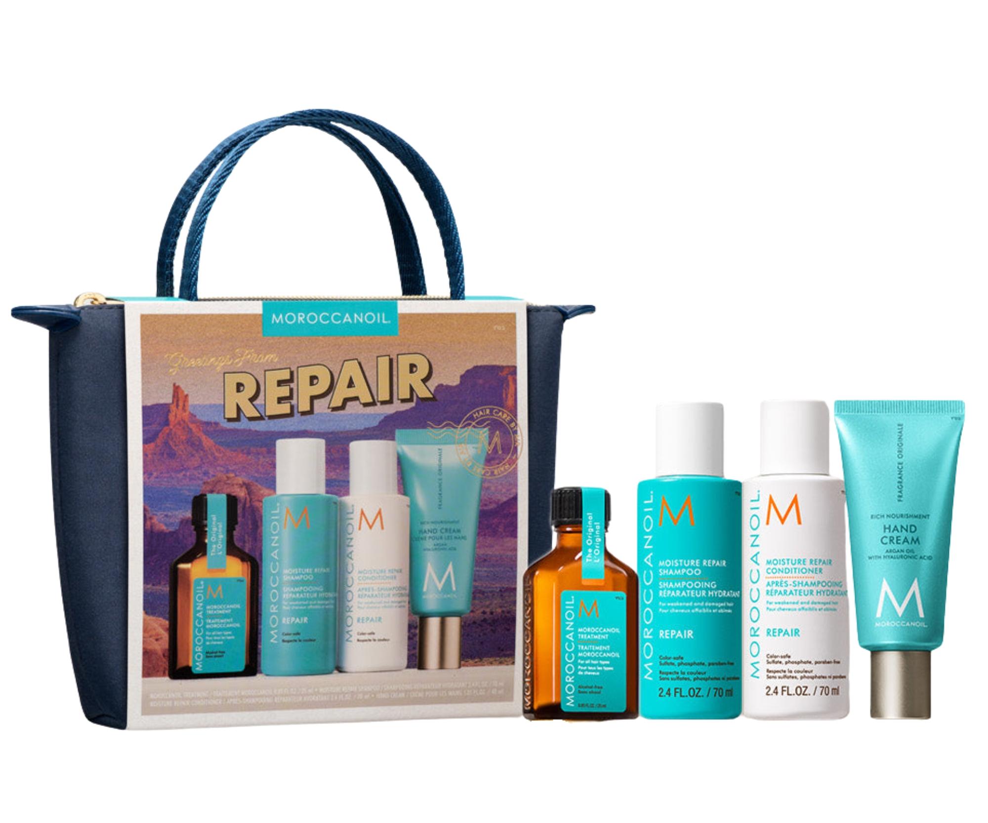 E-shop Cestovná sada na regeneráciu suchých vlasov Moroccanoil Greetings From Repair + krém na ruky a taštička zadarmo + darček zadarmo