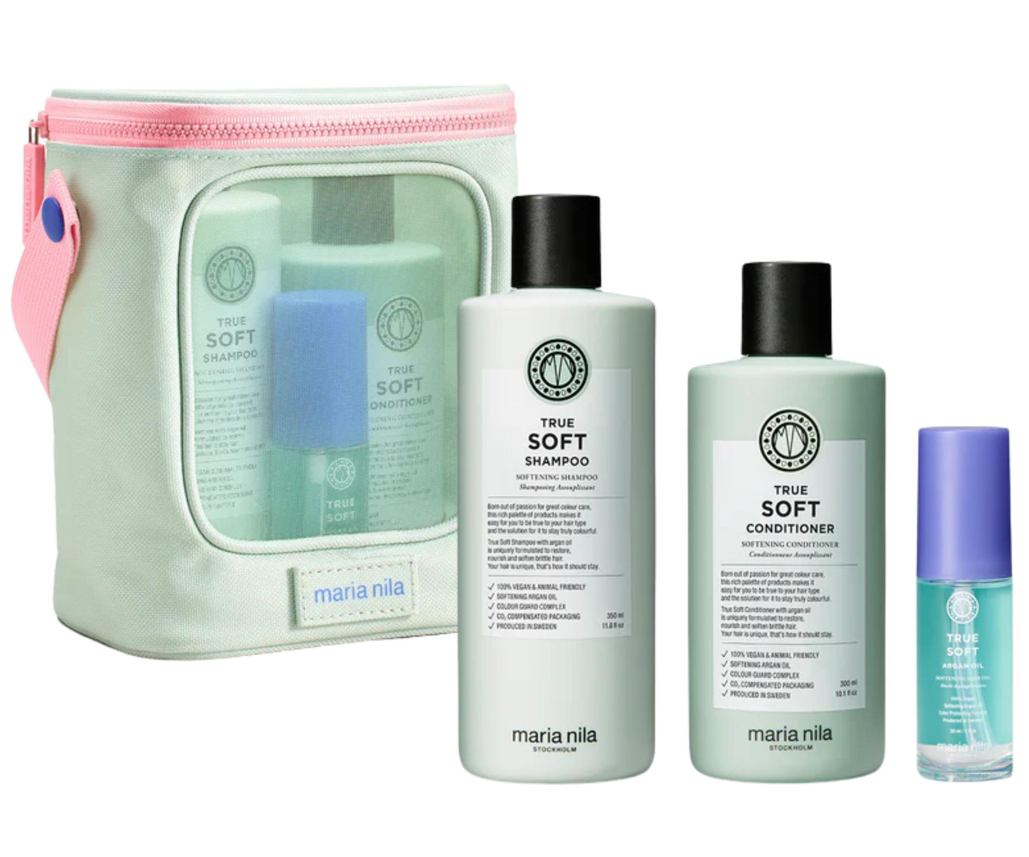 E-shop Darčeková sada pre suché vlasy Maria Nila True Soft + kozmetická taška zadarmo + darček zadarmo