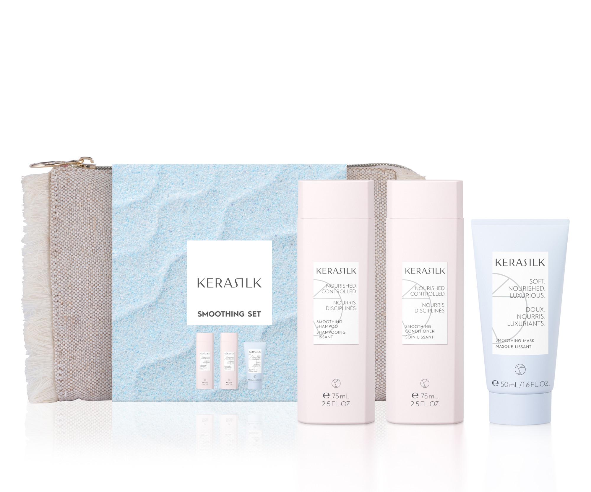 Cestovná sada na vyhladenie krepatých a nepoddajných vlasov Kerasilk Smoothing Travel Set + kozmetická taštička zadarmo + darček zadarmo