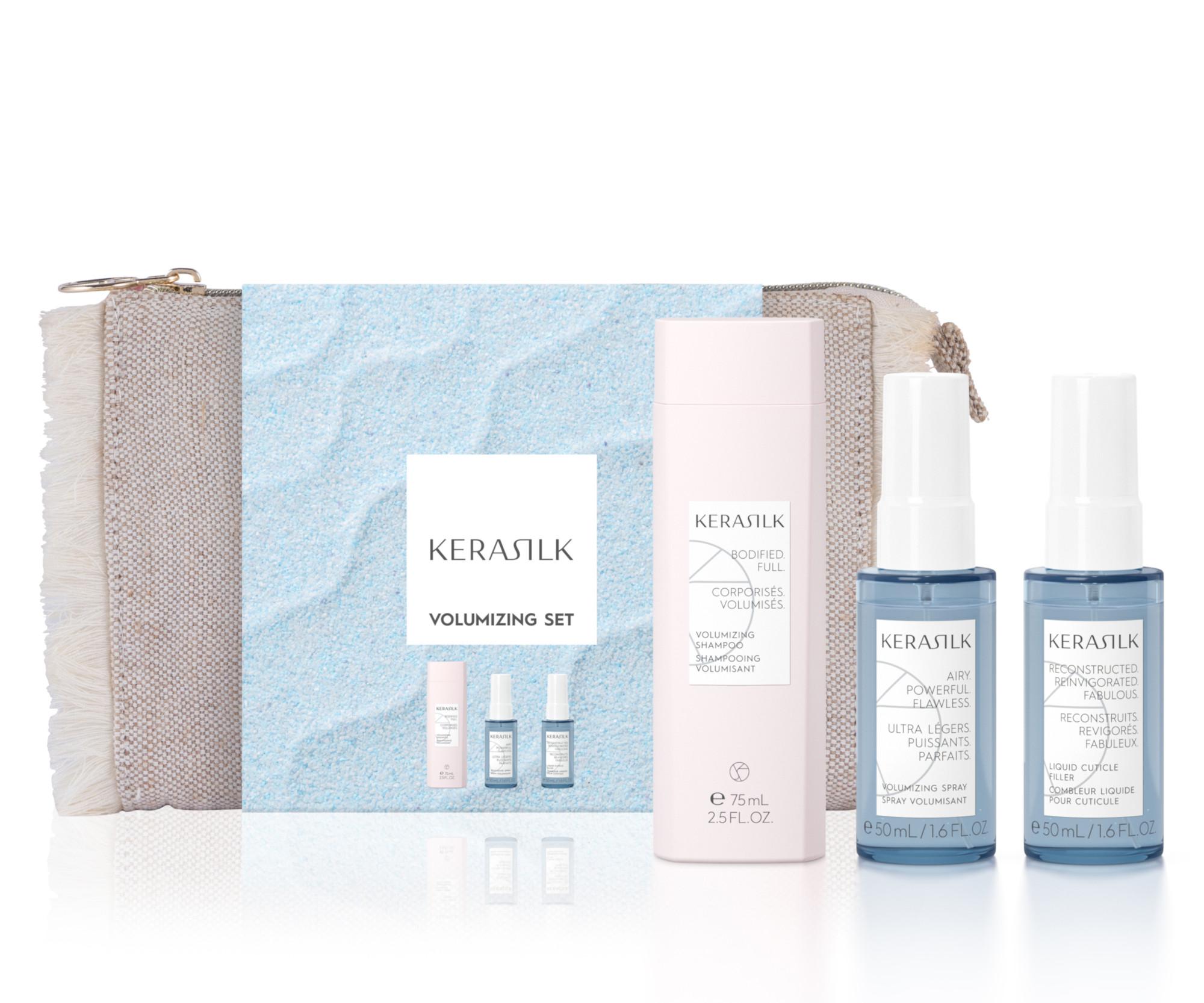 Cestovná sada pre zväčšenie objemu vlasov Kerasilk Volumizing Travel Set + kozmetická taštička zadarmo + darček zadarmo