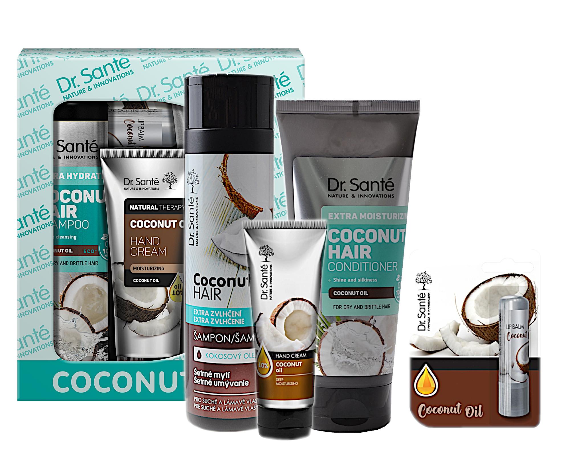 Darčeková sada na hydratáciu krehkých vlasov Dr. Santé Coconut + darček zadarmo