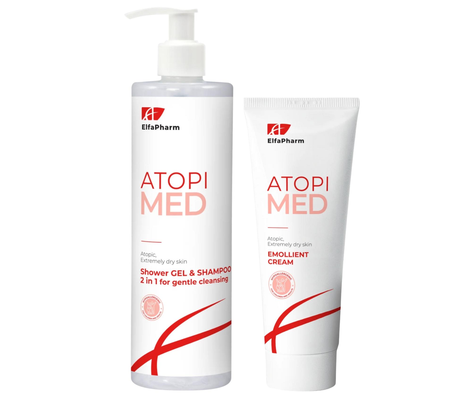 E-shop Sprchový gél a šampón pre atopickú a veľmi suchú pokožku Elfa Pharm Atopi Med 400 ml + krém 75 ml zadarmo + darček zadarmo