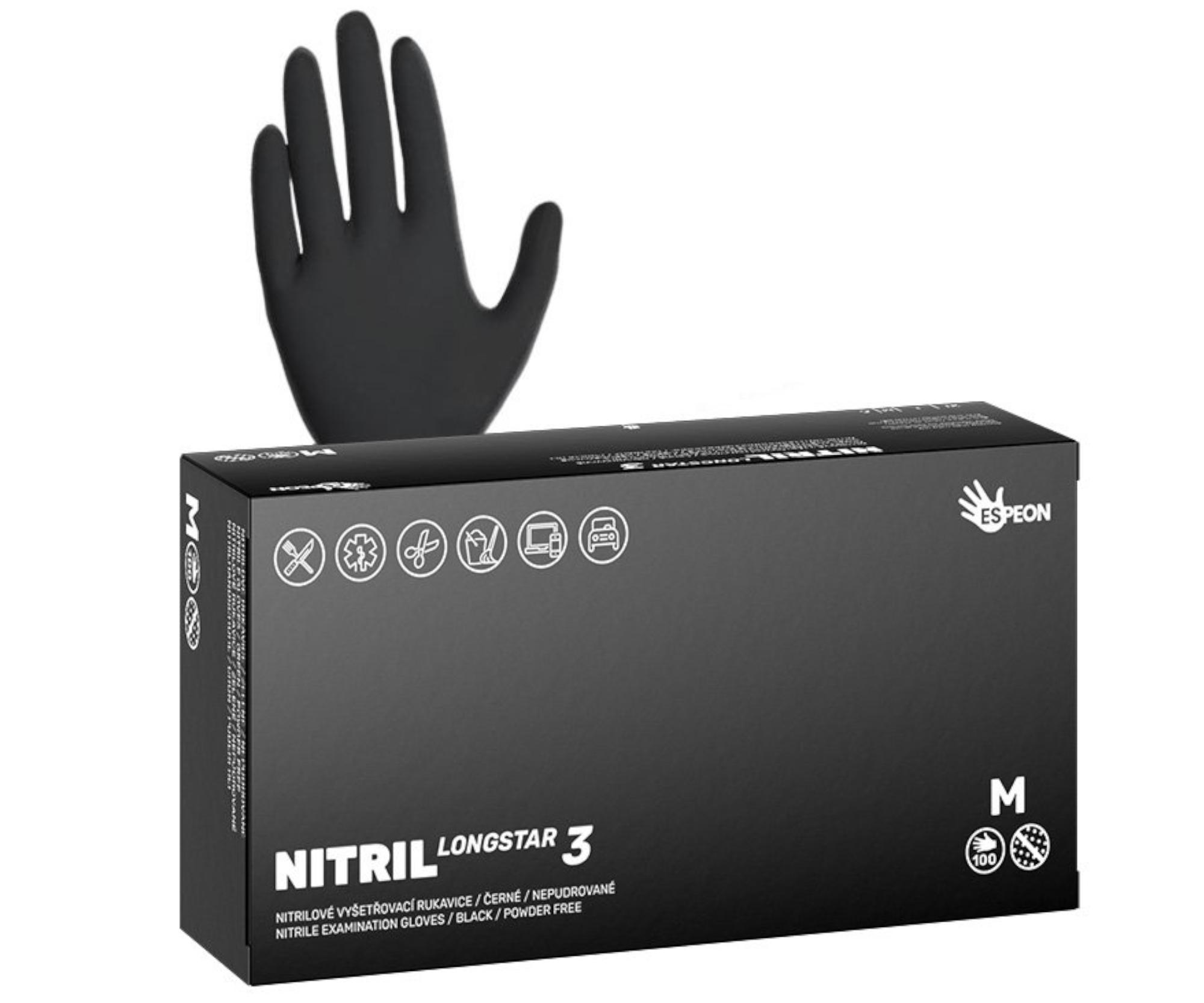 E-shop Silné predĺžené nitrilové rukavice so zdrsneným povrchom Espeon Nitril Longstar 3 - 100 ks, čierne, veľkosť M (100192) + darček zadarmo