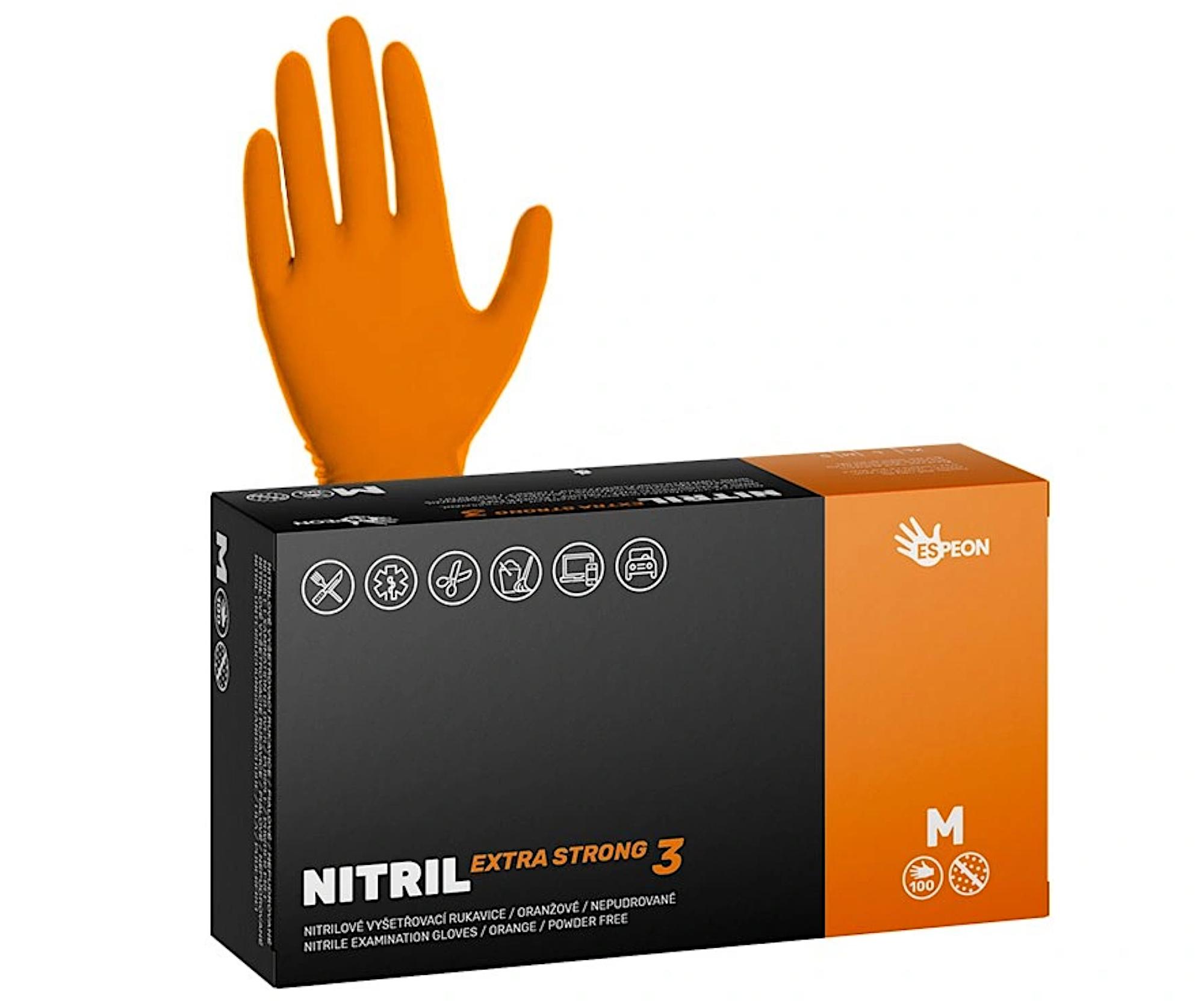 E-shop Silné nitrilové zdrsnené rukavice Espeon Nitril Extra Strong 3 - 100 ks, oranžové, veľkosť M (100064) + darček zadarmo