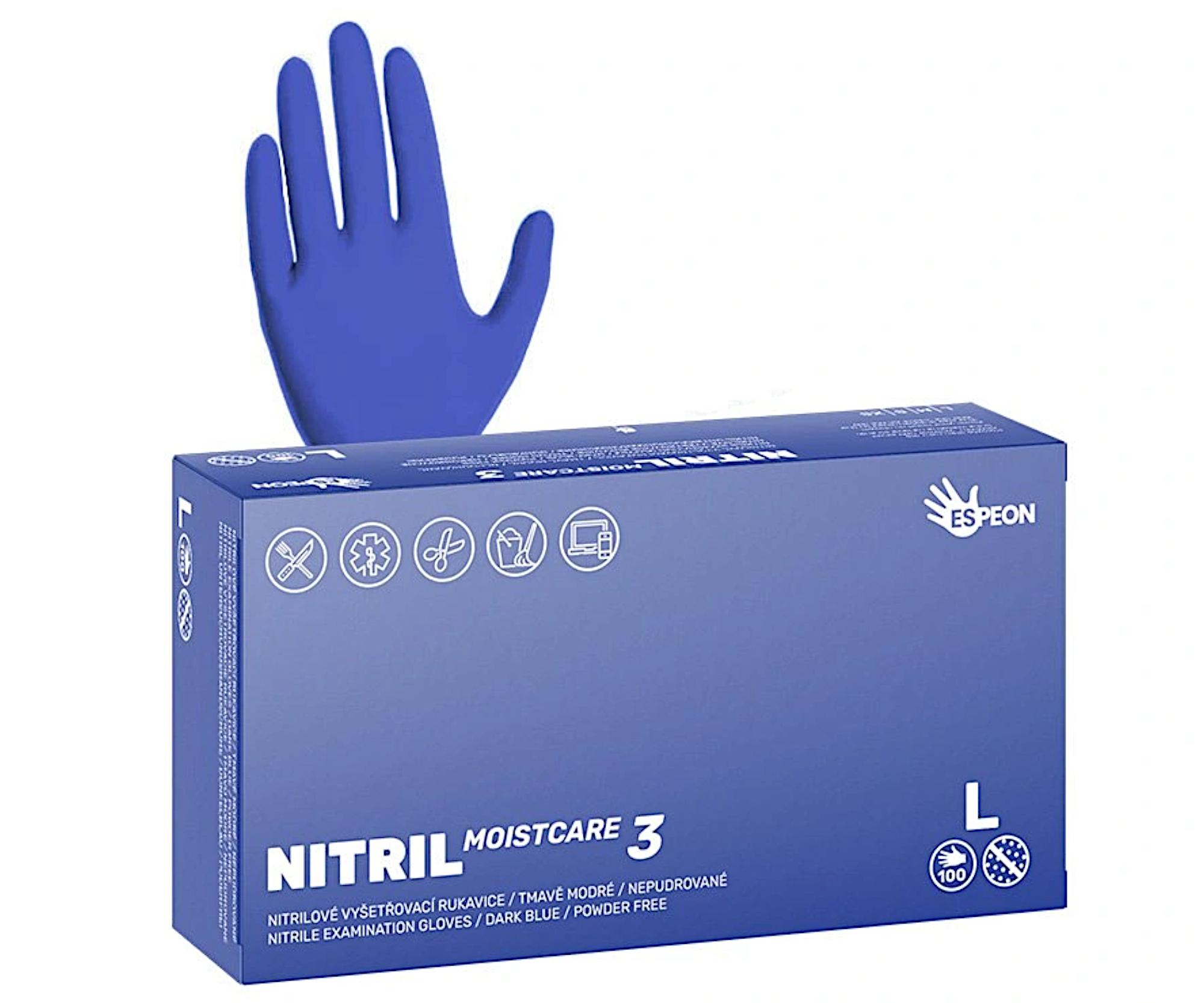 E-shop Nitrilové rukavice s hydratáciou Espeon Nitril Moistcare 3 - 100 ks, tmavo modré, veľkosť L (100190) + darček zadarmo