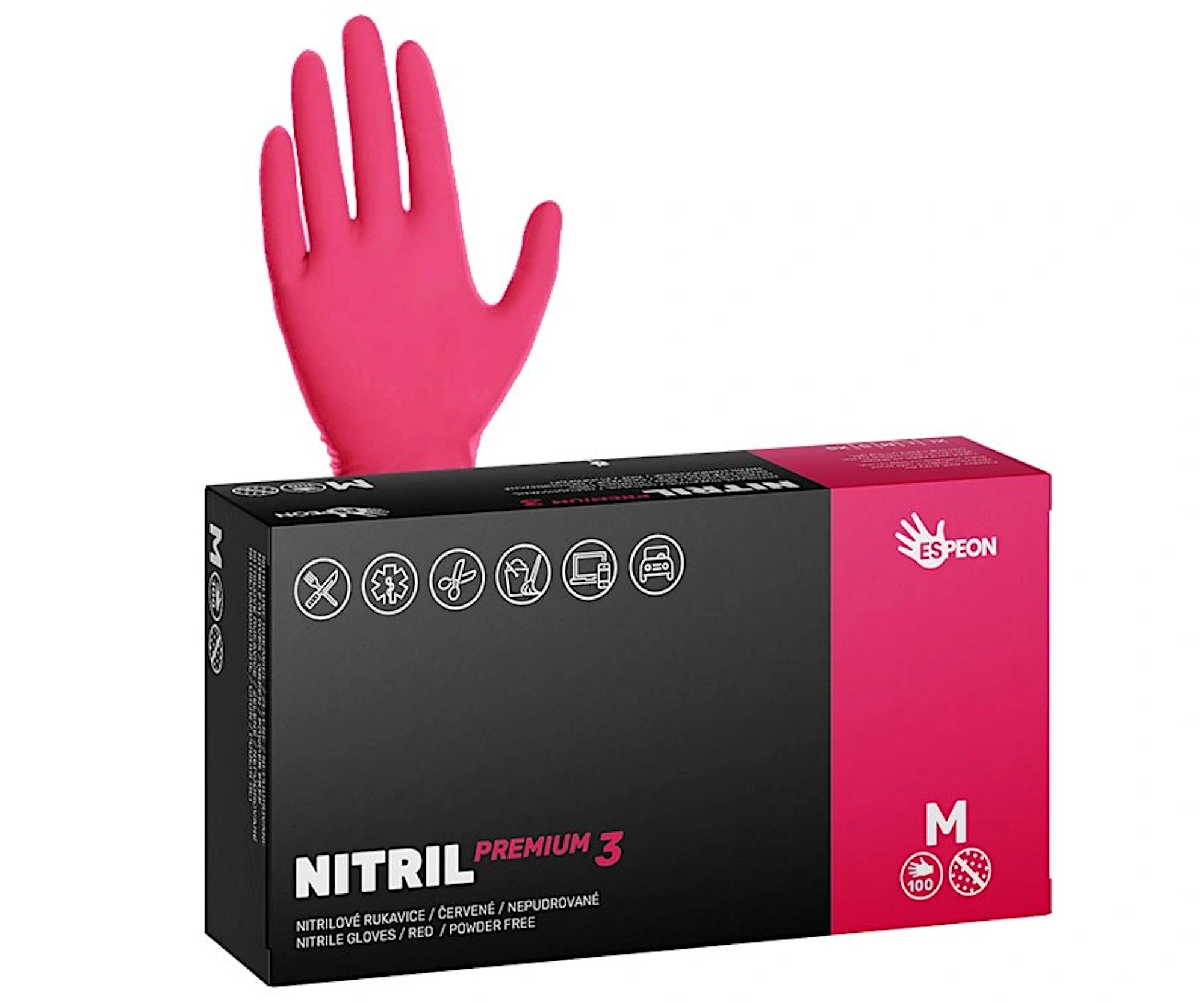 E-shop Silné nitrilové rukavice Espeon Nitril Premium 3 - 100 ks, červené, veľkosť M (100159) + darček zadarmo