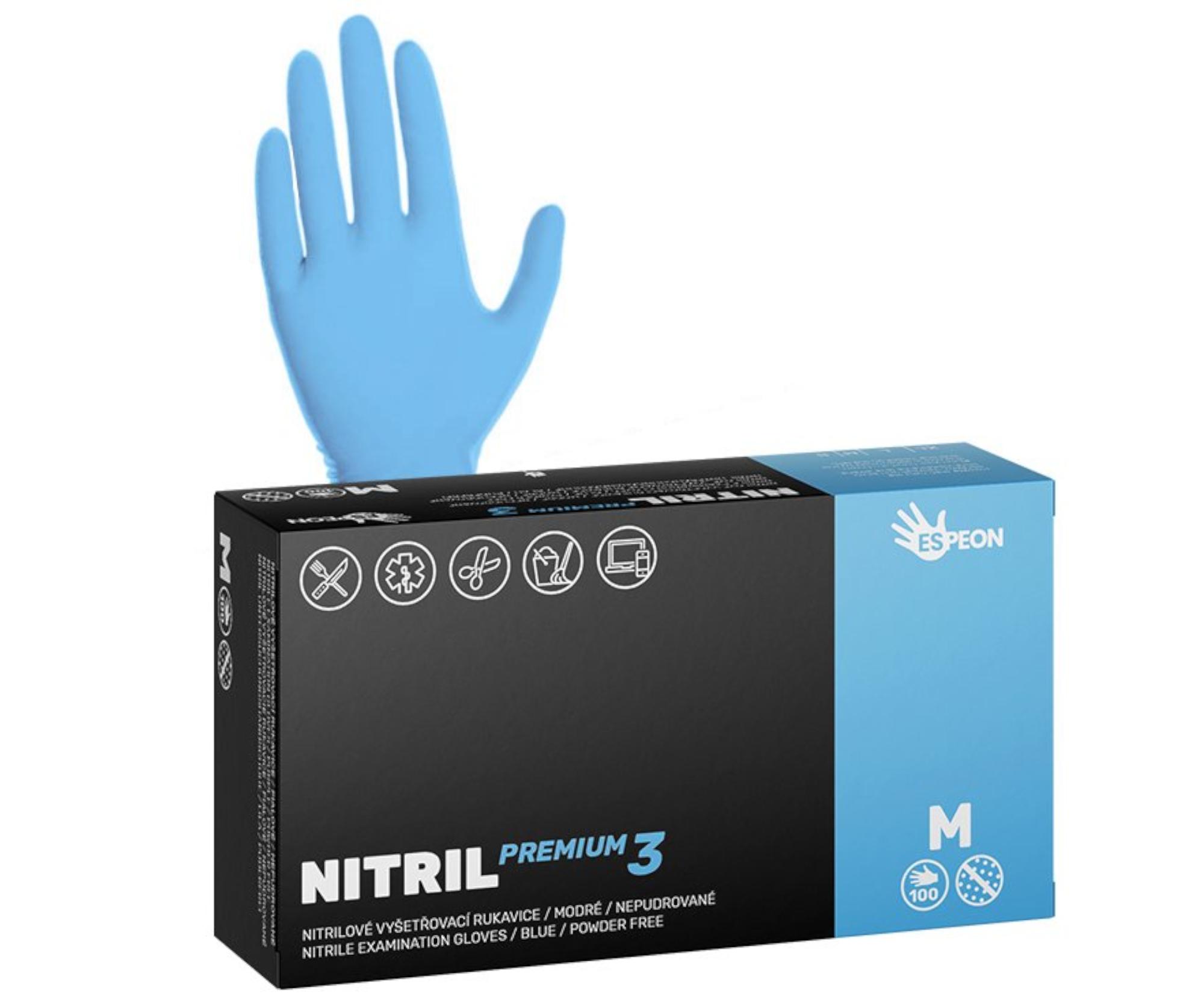 E-shop Silné nitrilové rukavice Espeon Nitril Premium 3 - 100 ks, modré, veľkosť M (100108) + darček zadarmo
